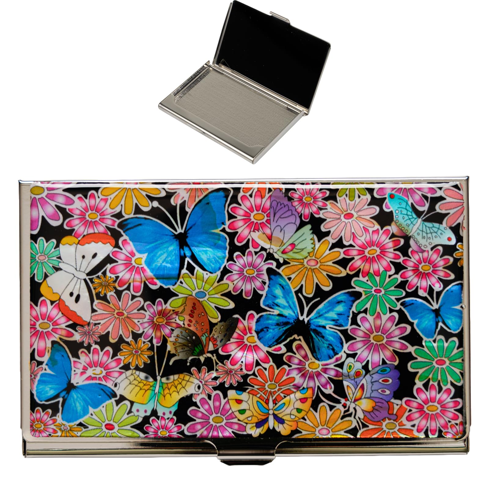 February Mountain Mother of Pearl Business Card Case - Korea Traditional Gifts, Slim Metal Holder for Business &amp; Credit Cards, Pocket-Sized Purse Wallet (Blue Butterfly)