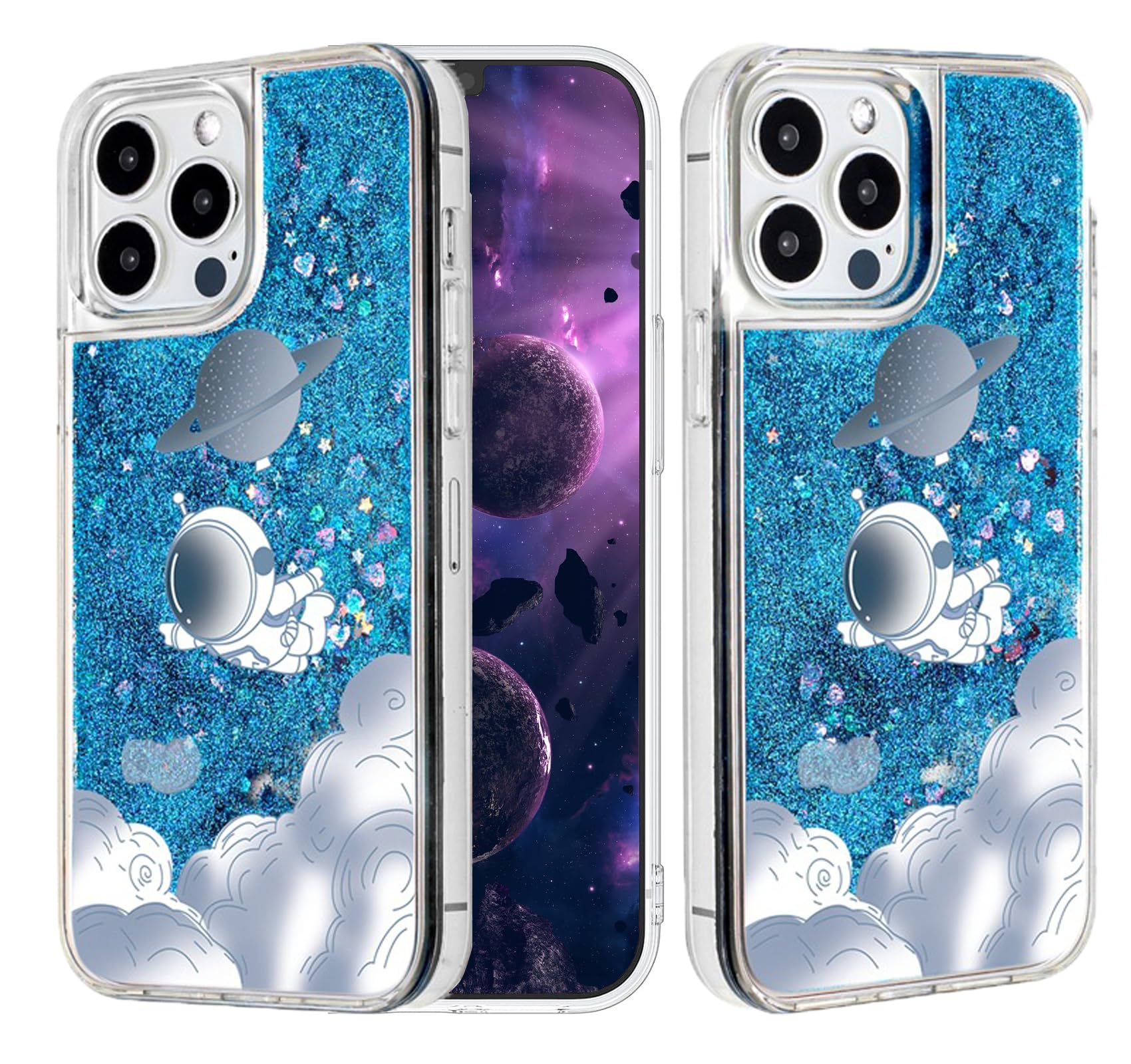 Quicksand Astronaut Case for iPhone 15 Pro 6.1'', Cute Space Planet Cloud Star Patten Liquid Floating Flowing Moving Bling Sparkle Shockproof Girls Case for Apple iPhone 15 Pro 2023 (Blue)