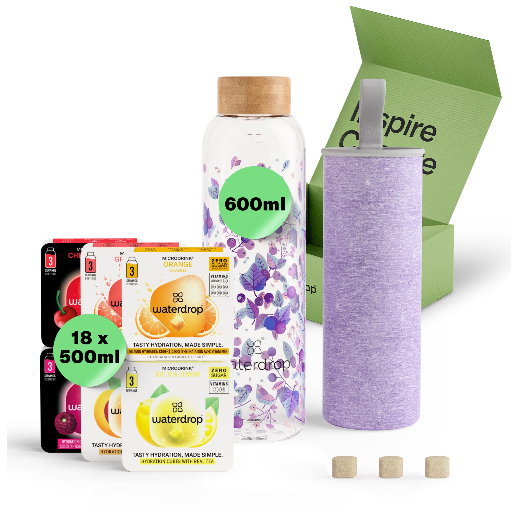 waterdrop® Glass Starter Set – 600ml Borosilicate Glass Bottle + 18 Sugar-Free Microdrink Hydration Cubes in 6 Flavours, Vitamin C & B Infused, BPA Free Water Bottle, Gift Set