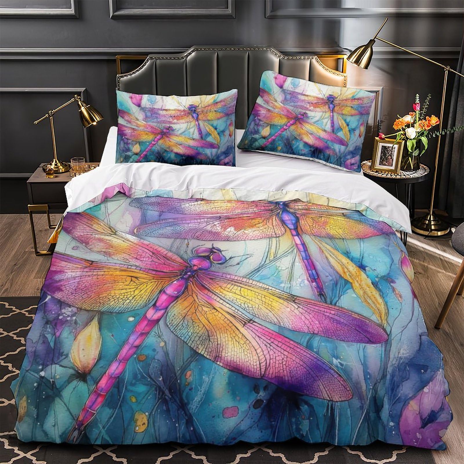 Dragonfly Art Duvet Cover 3D Design Printed Hypoallergenic 3 Pcs Bedding Set Zipper Watercolor Fantasy Quilt Cover Luxury Breathable for Teens Kids Adults Women Youth Teenagers Single（135x200cm）