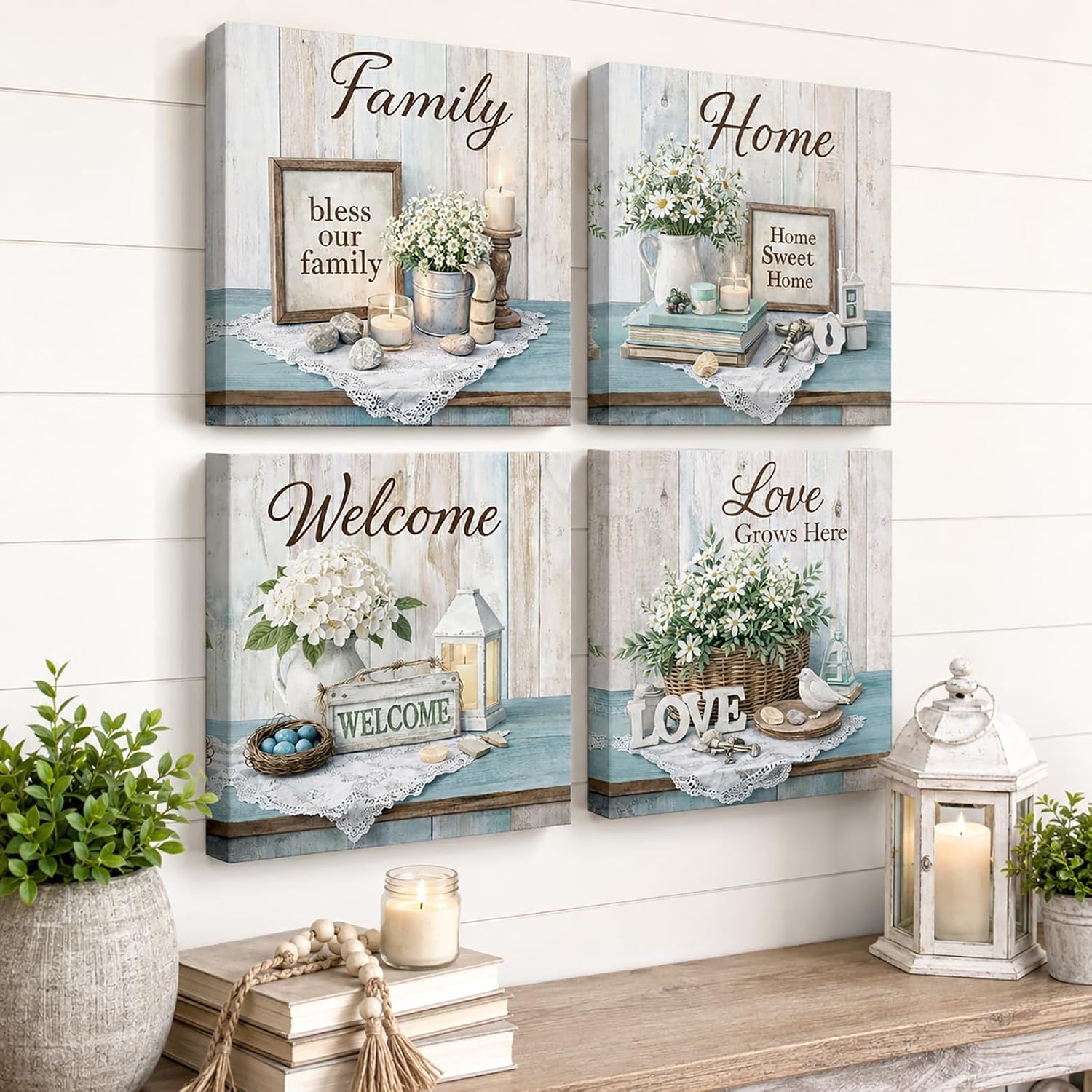 OuElegent Family Wall Art Set of 4 Farmhouse Decor Welcome Home Family Love Quotes Pictures Prints Rustic Wood Background with Floral Arrangements 12''x12''x4pcs (blue)