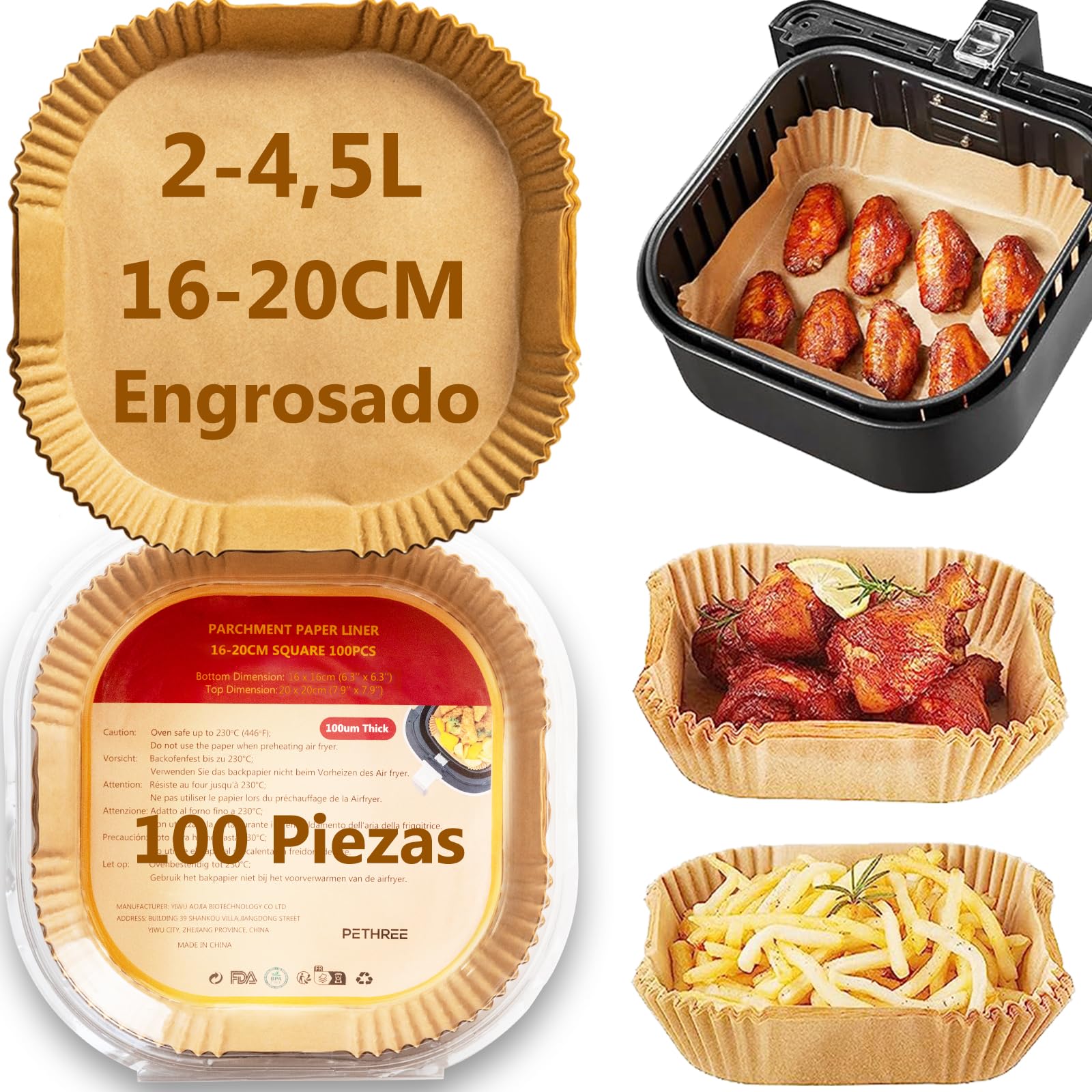 Papel Freidora Aire 2-4,5L, 100 Piezas 16,5-20cm Sin BPA Papel Engrosado Air Fryer Cuadrado, Accesorios Moldes Antigrasa Antiadherente Baking Paper de Horno - Espesor de 100μm
