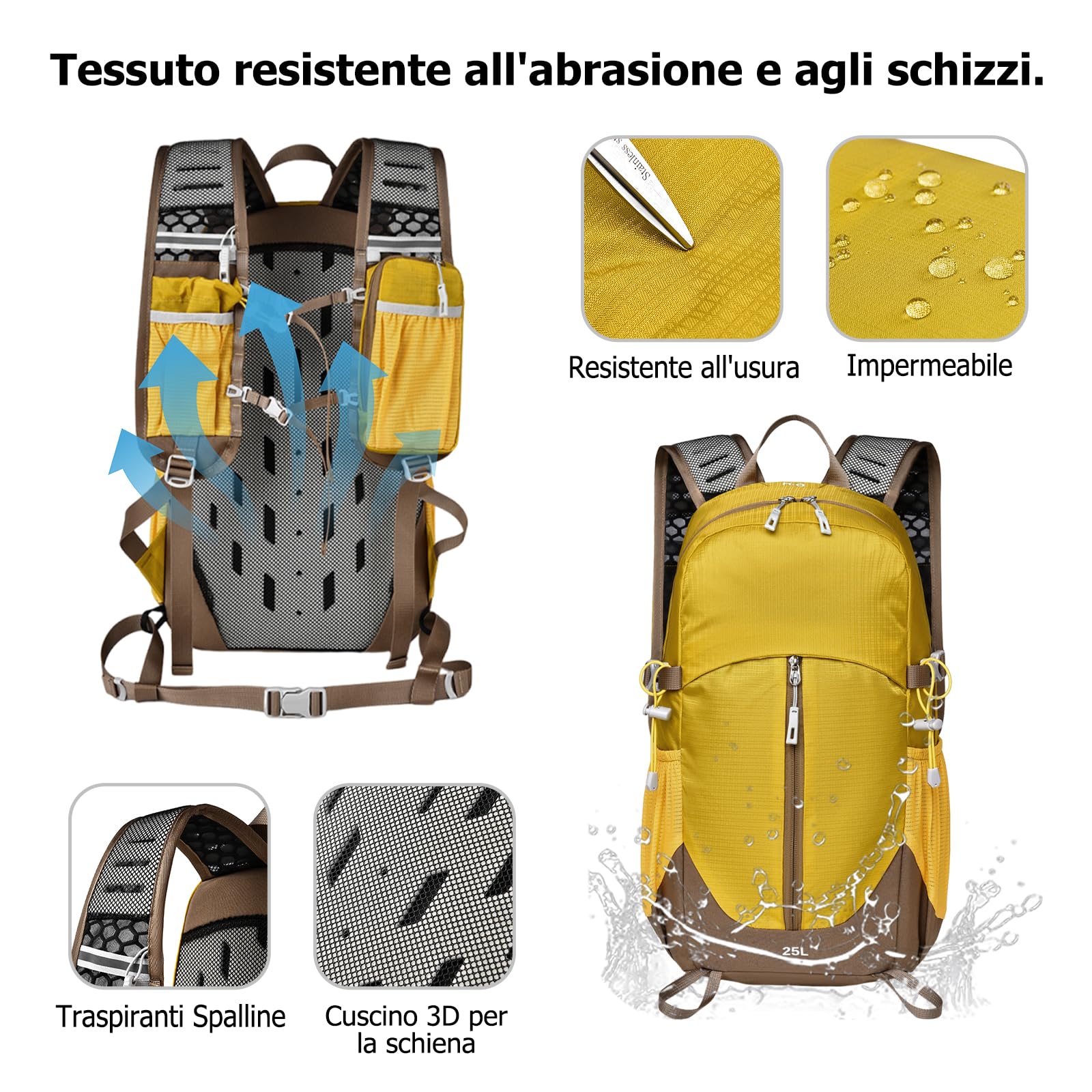 25L Zaino da Escursionismo Zaino Outdoor Impermeabile Sistema Dorsale Traspirante Zaini per Viaggi Camping Uso Quotidianoa Giallo