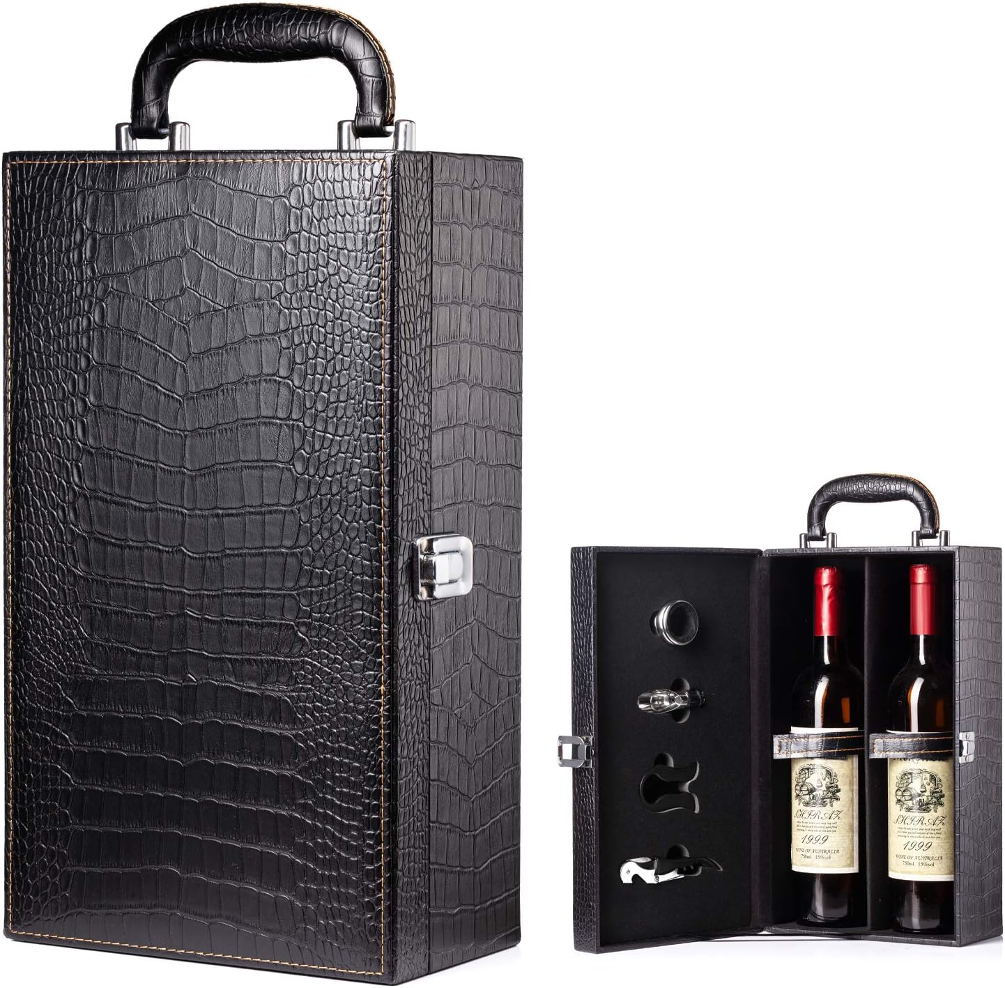 HiCrast Wine Box, 2 Bottle Leatherette Top Handle with 4
