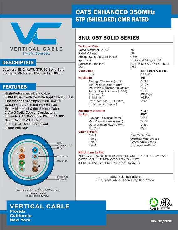 Vertical Cable Cat5e, 350 MHz, Shielded, 24AWG, Solid Bare Copper, 1000ft, Bulk Ethernet Cable, Orange