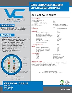 Vertical Cable Cat5e, 350 MHz, Shielded, 24AWG, Solid Bare Copper, 1000ft, Bulk Ethernet Cable, Orange