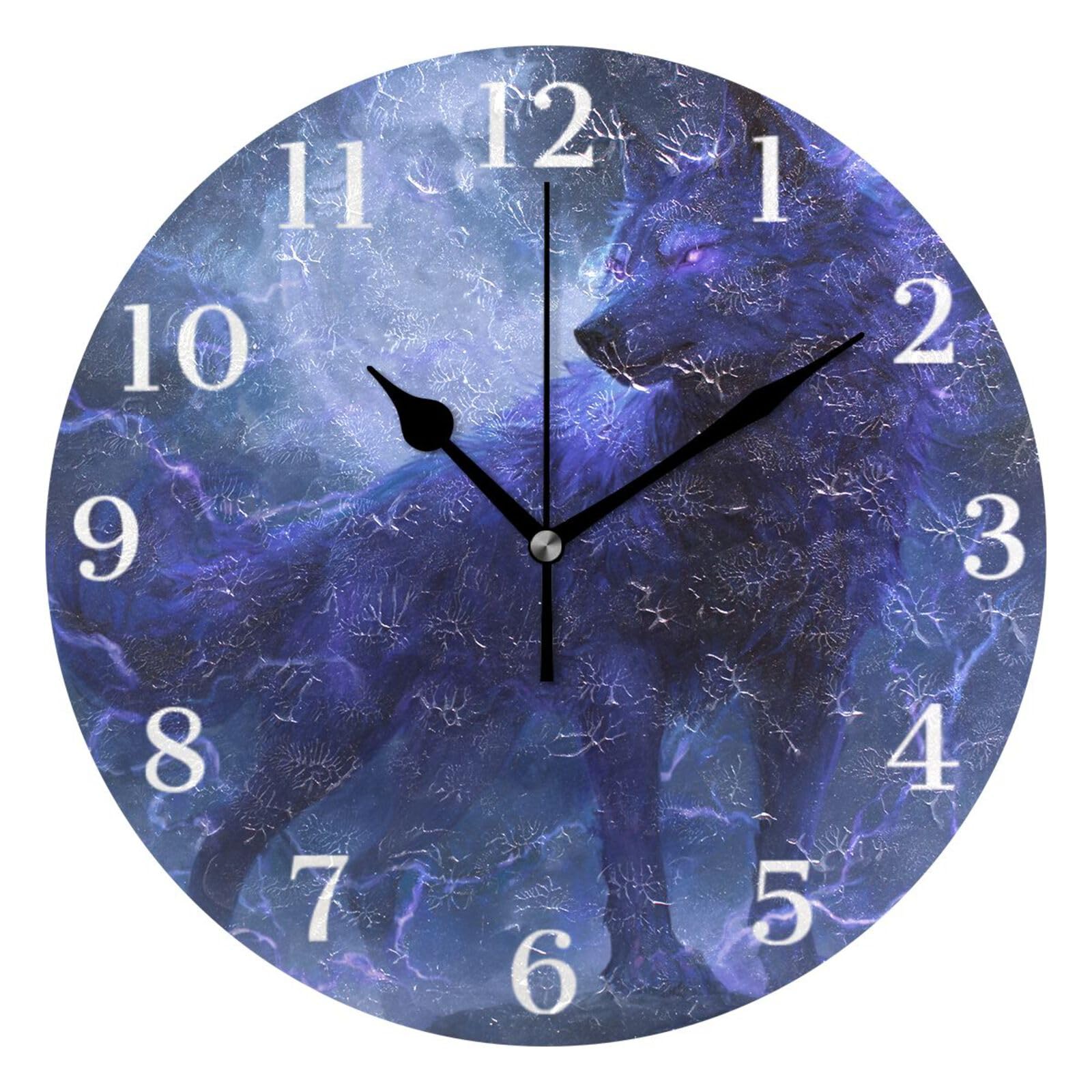 Ensound Blue Wolf with Glowing Eyes Wall Clock Silent Non-Ticking Battery Operated Clocks 12 Inch for Kitchen Home Living Room