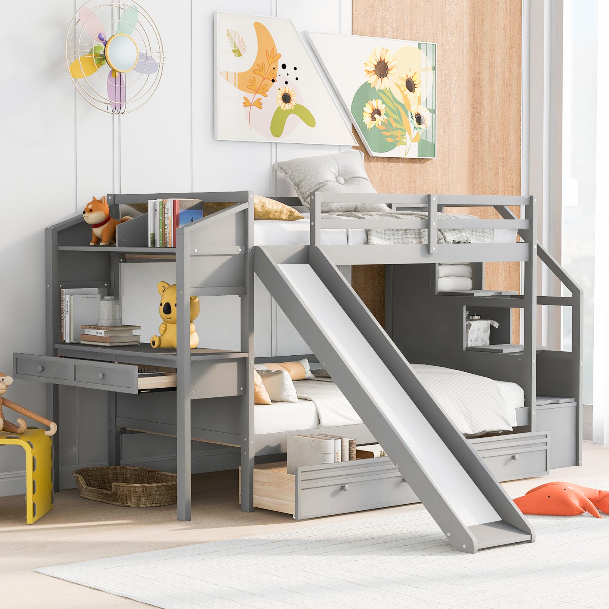 Yestar Twin Over Twin Bunk Bed with Storage Staircase, Slide, Drawers Desk – Gray Space Saving Kids Bed with Shelves Built in Workspace (1 Drawers + 1 Shelves)