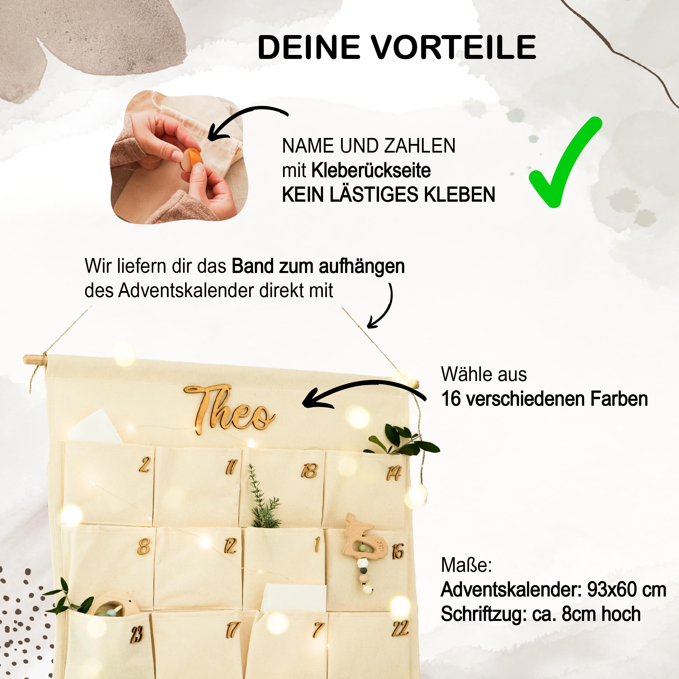 Adventskalender zum befüllen, Wandkalender aus Stoff, Personalisiert mit Name Stoffadventskalender Schriftzug aus Holz