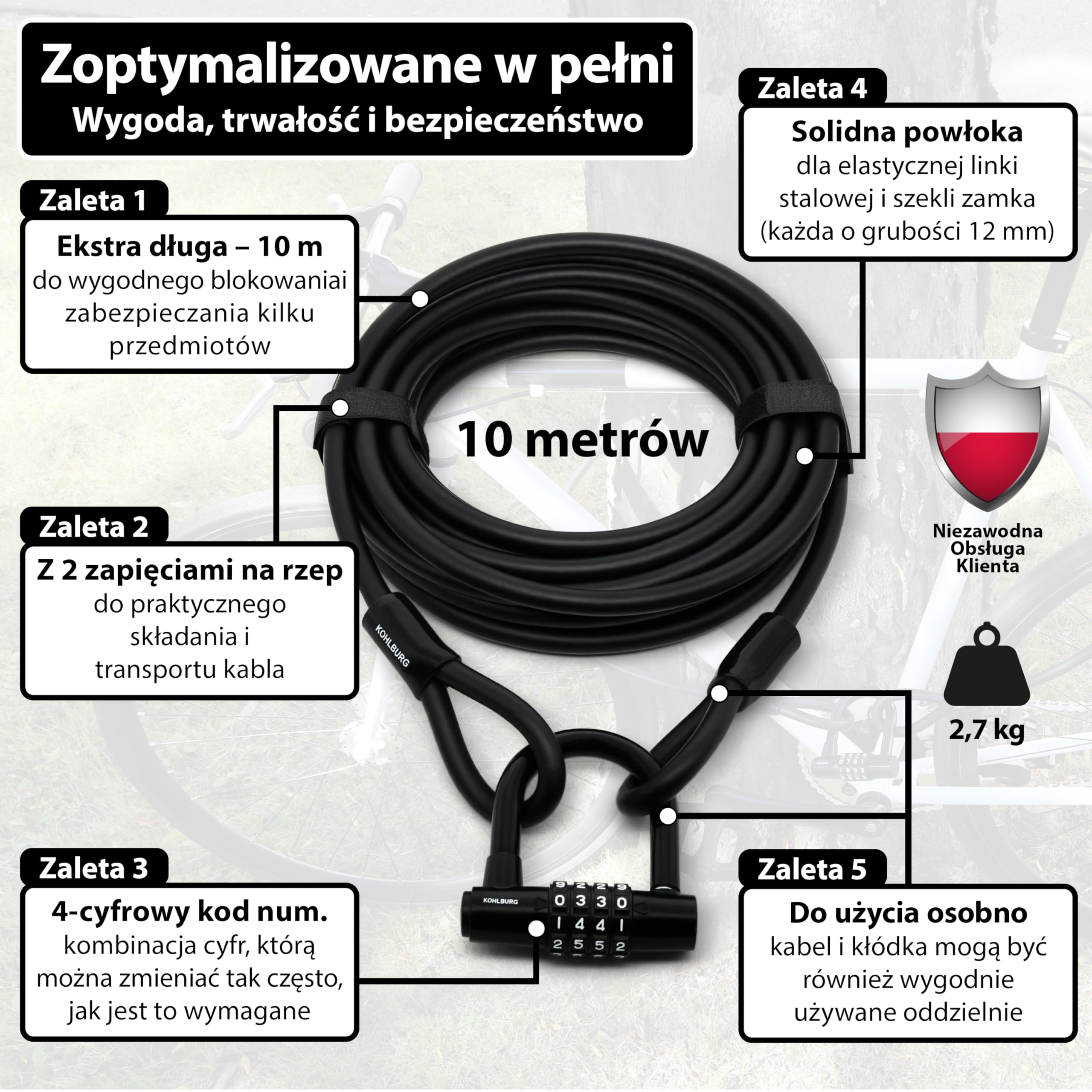 KOHLBURG zamek kablowy 10 m z szyfrem, stalowa linka | Osłoną i rzepami do zabezpieczenia rowerów, łodzi, mebli ogrodowych, długi zamek rowerowy