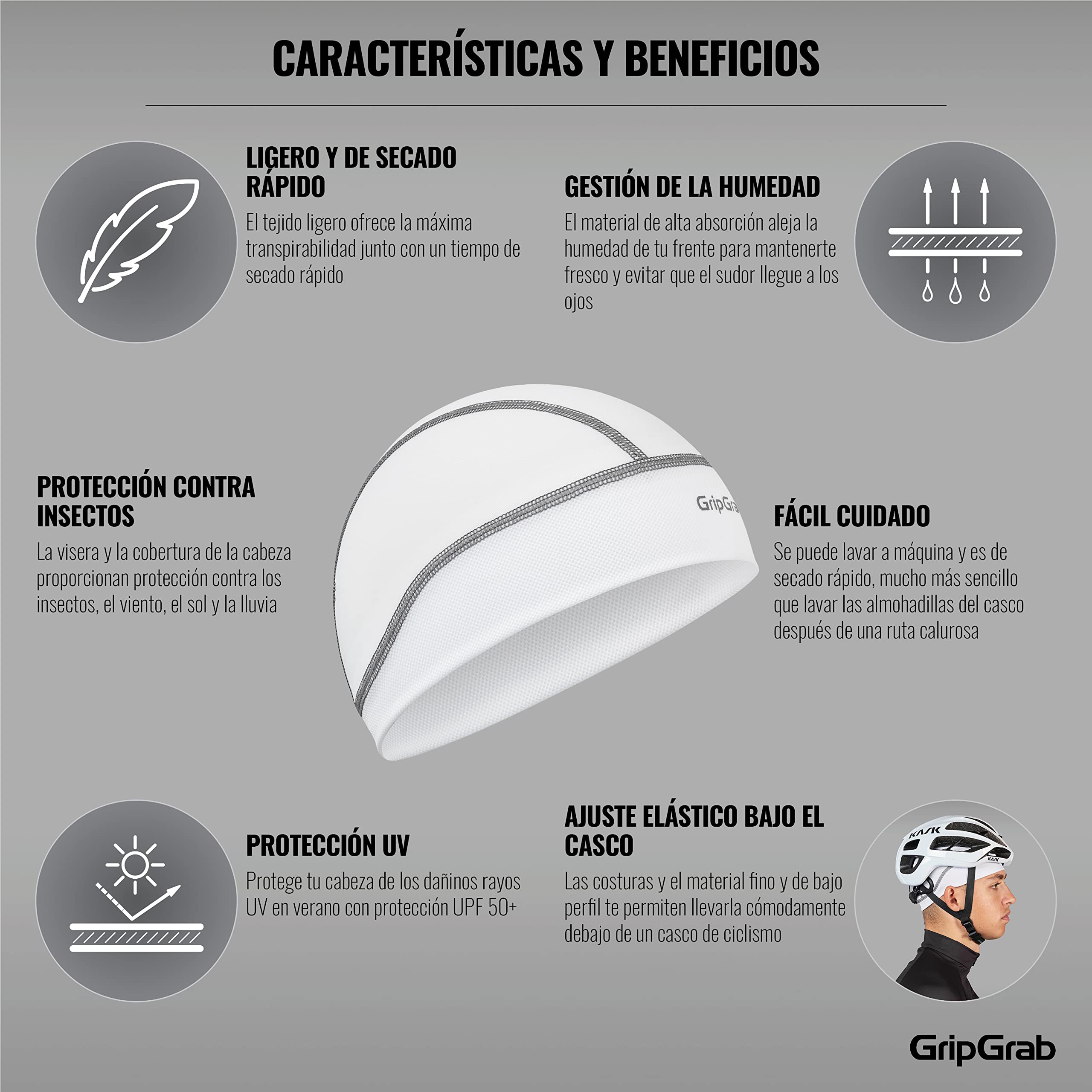 GripGrab Sotocasco Ciclismo Verano Transpirable Protección UV UPF 50+ Gorro Ciclismo Bajo Casco Bici Carretera MTB Gravel