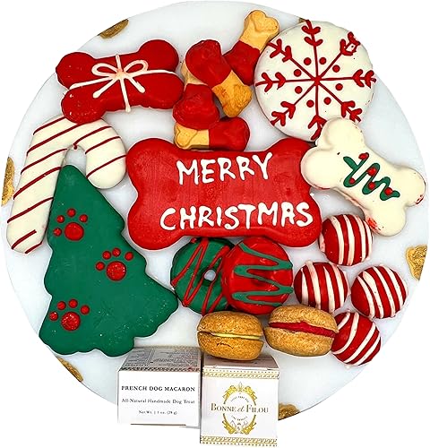 Bonne et Filou Caja de Navidad para perros, golosinas gourmet de lujo para perros, 18 hechas a mano con macarones, trufas y galletas de hueso, caja