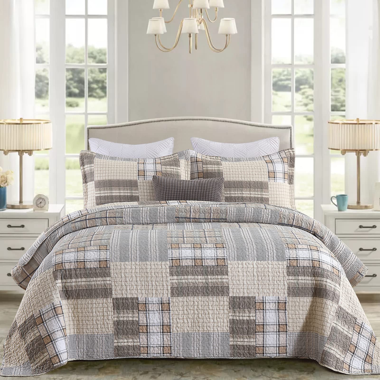 Y-PLWOMEN Queen Quilt Set, 100% Cotton Queen Quilt, Brown Tan Grey Bedspread Queen size, Patchwork Plaid Lightweight Reversible Quilt Bedding Set