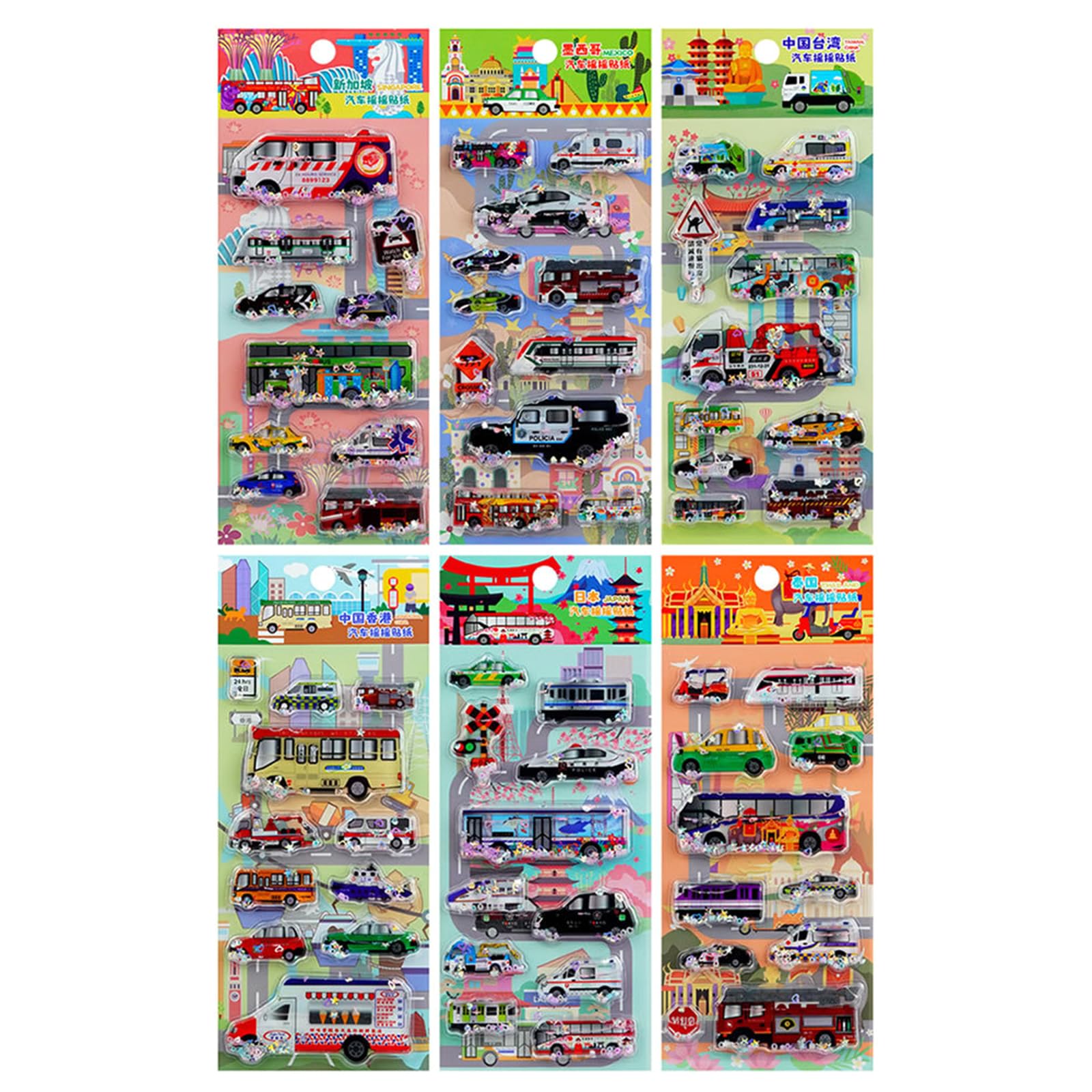 Embossed Vehicles Sticker Water Filled PVC Foam Sticker for Water Bottle Pencil Case Notebook Kids Room Wall Decoration Room Wall Decoration