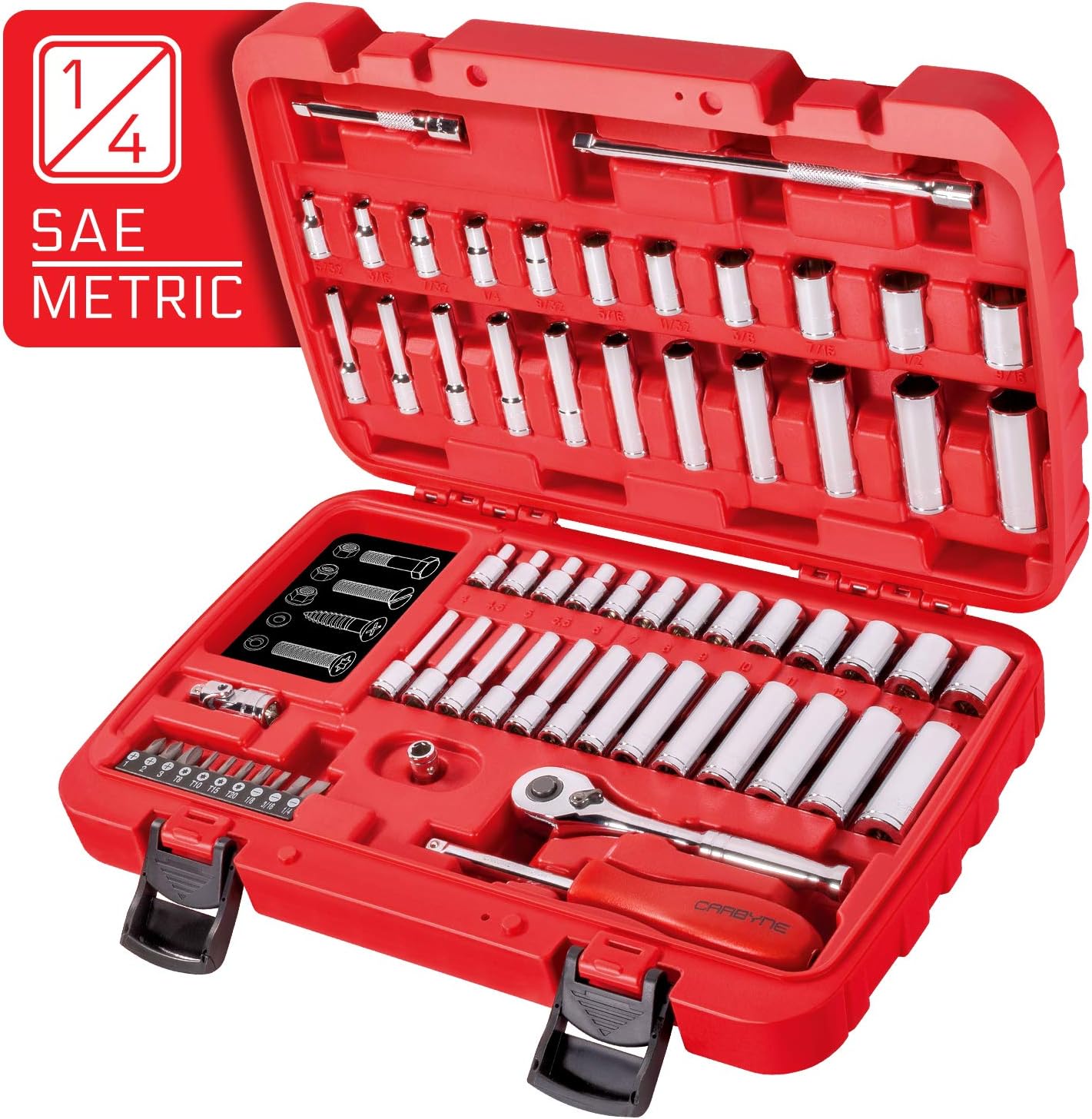 CARBYNESocket Set - 65 Piece | SAE & Metric, 1/4" Drive, Chrome Vanadium Steel, 6 Point