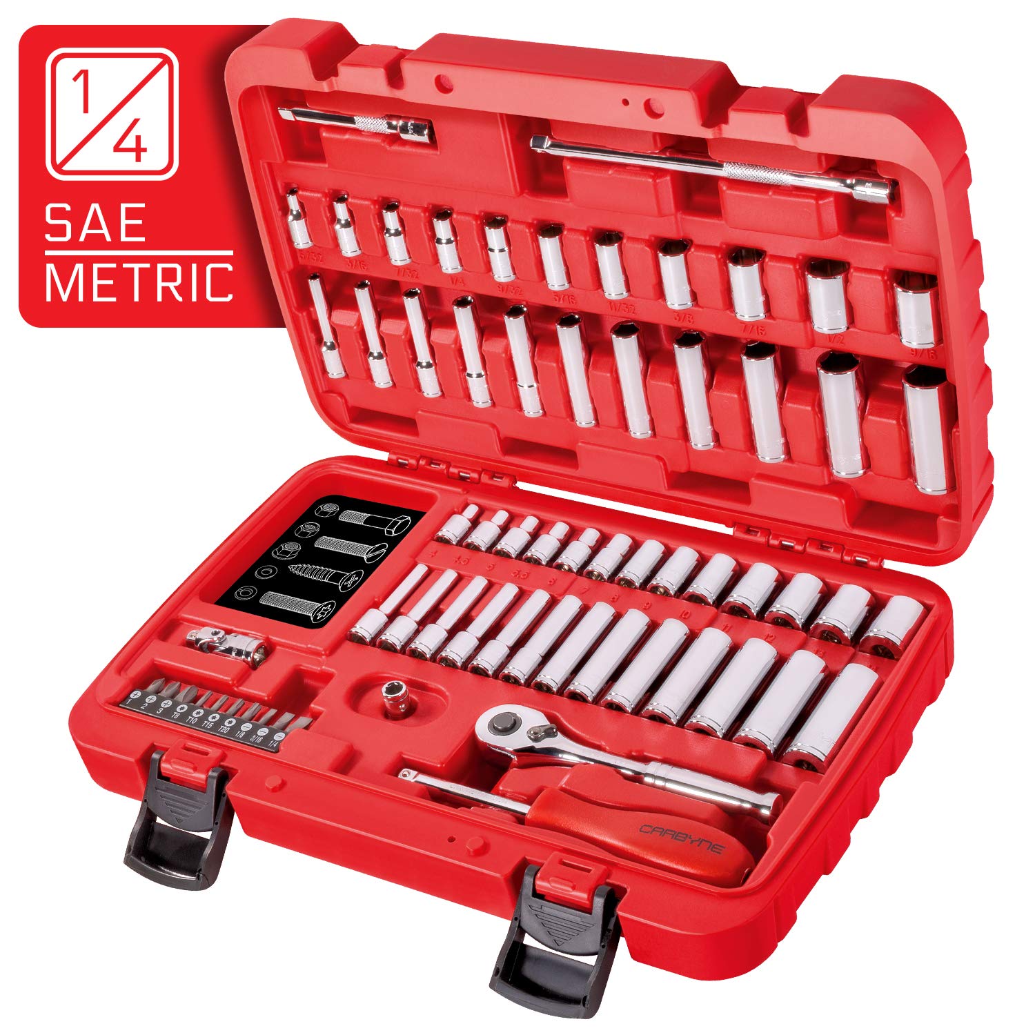 CARBYNESocket Set - 65 Piece | SAE & Metric, 1/4" Drive, Chrome Vanadium Steel, 6 Point