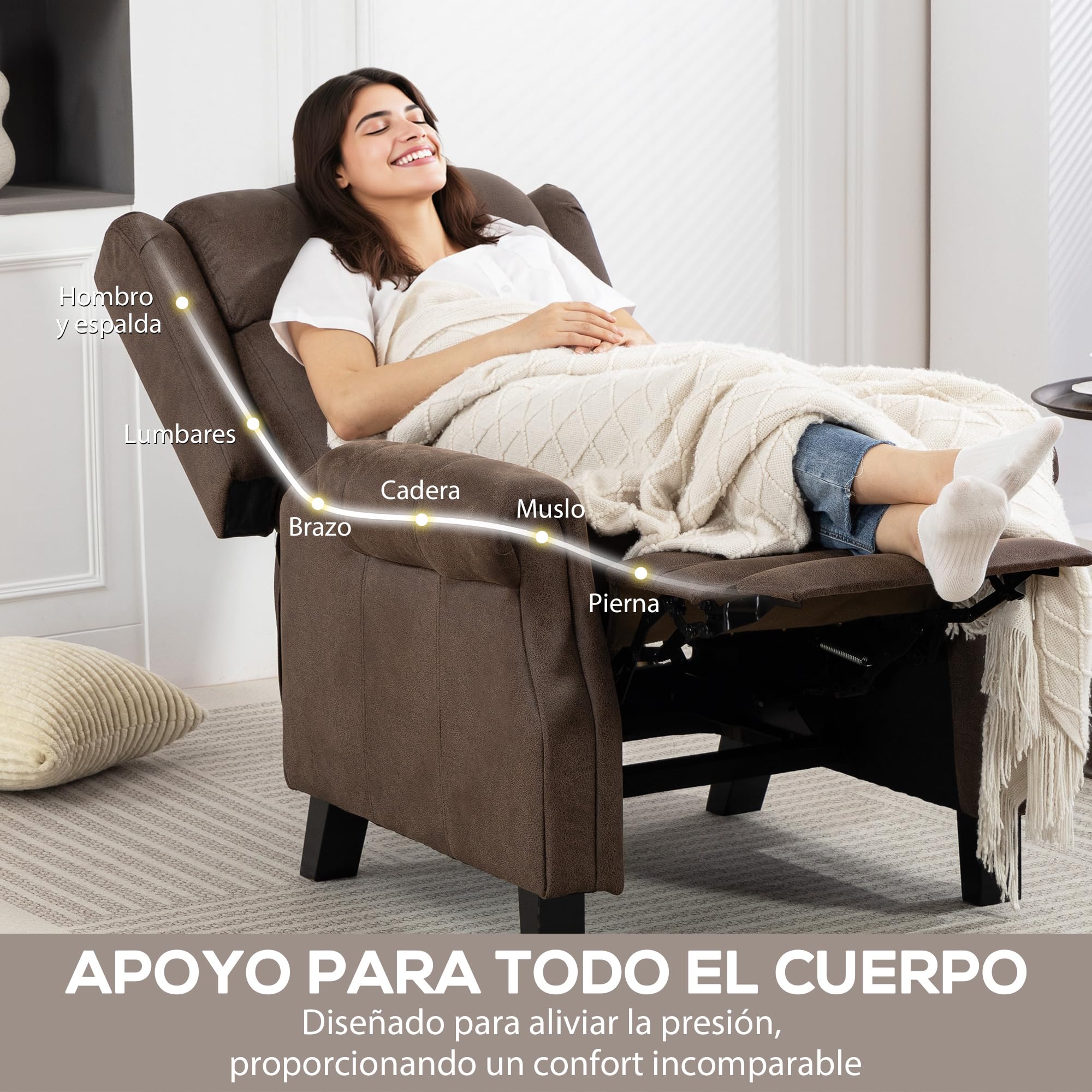 HOMCOM Sillón Relax Reclinable Manual con Apertura Push Reposapiés Marrón | Sillón Relax de Cuero Sintético, Respaldo Alto, Acolchado Grueso, Butaca Reclinable hasta 135º, para Salón, Dormitorio