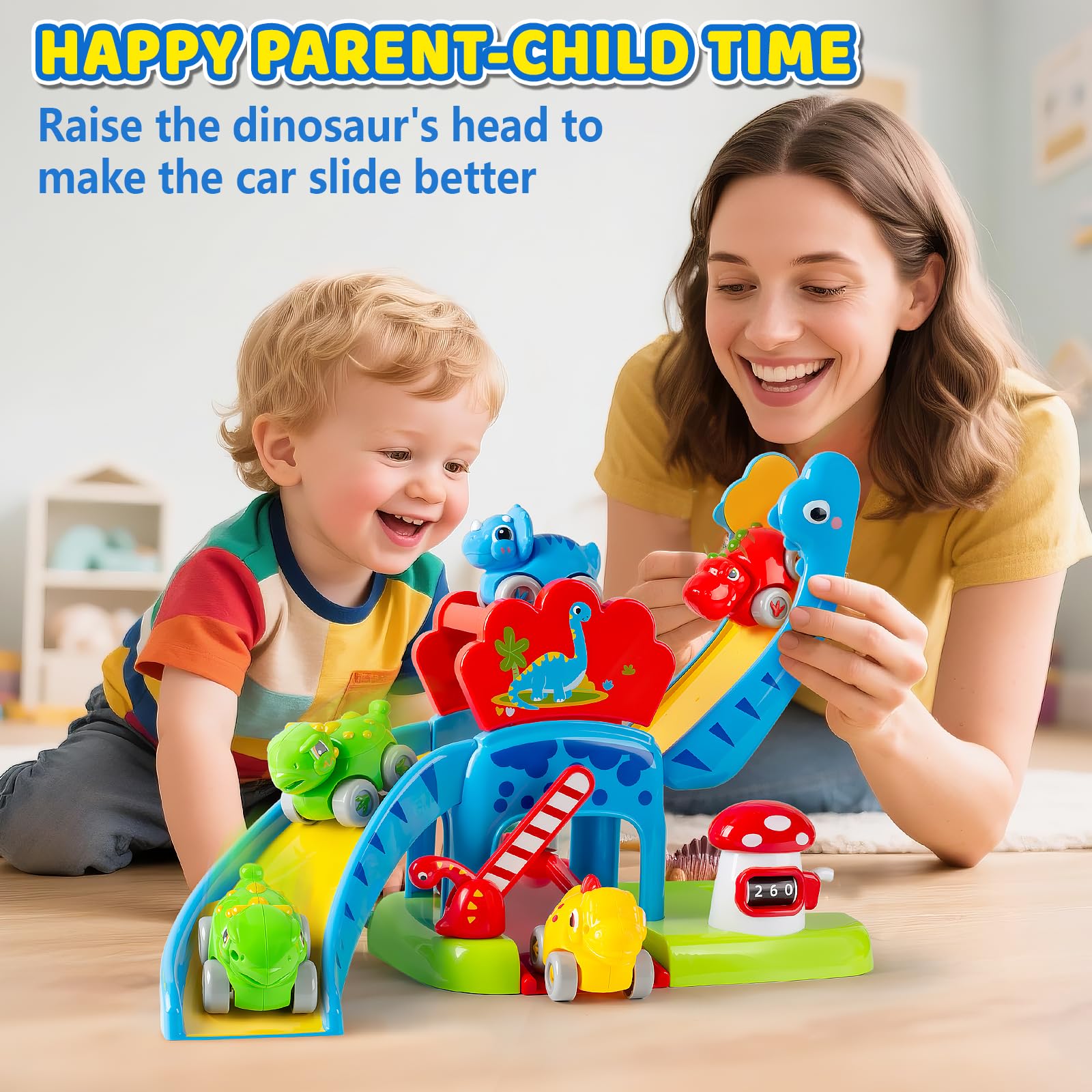 Toys for 1 Year Old Boy and Girl, Race Track for Toddlers 1-3 with 4 Dinosaurs Car Toys for Baby 12-18 Months, First Birthday Gifts for Boys, Educational Slide Toys for Ages 1-2
