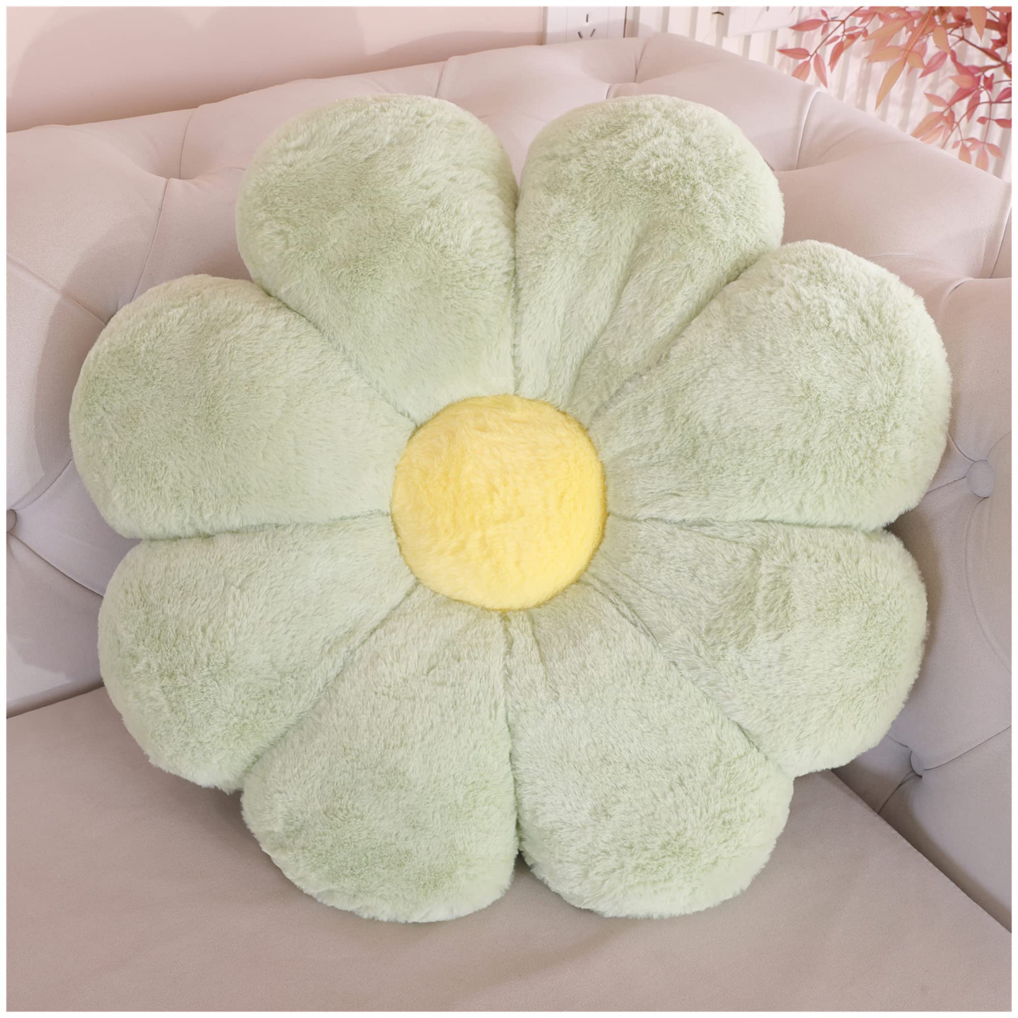 LANFIRE Flower Pillow and Chair Seat Cushion - Decorative Plush Throw Pillow for Bed, Sofa (60cm, Green Yellow)