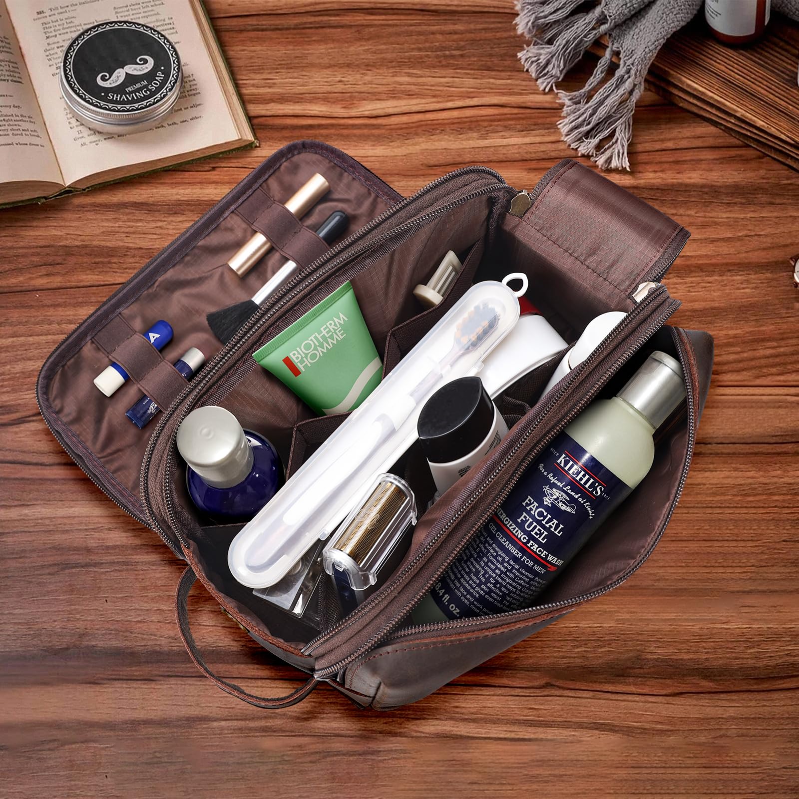 Polare Reise-Kulturbeutel aus Vollnarbenleder, groß, Kosmetiktasche, Rasierset, Waschen mit YKK-Reißverschlüssen, Dunkelbraun, Retro