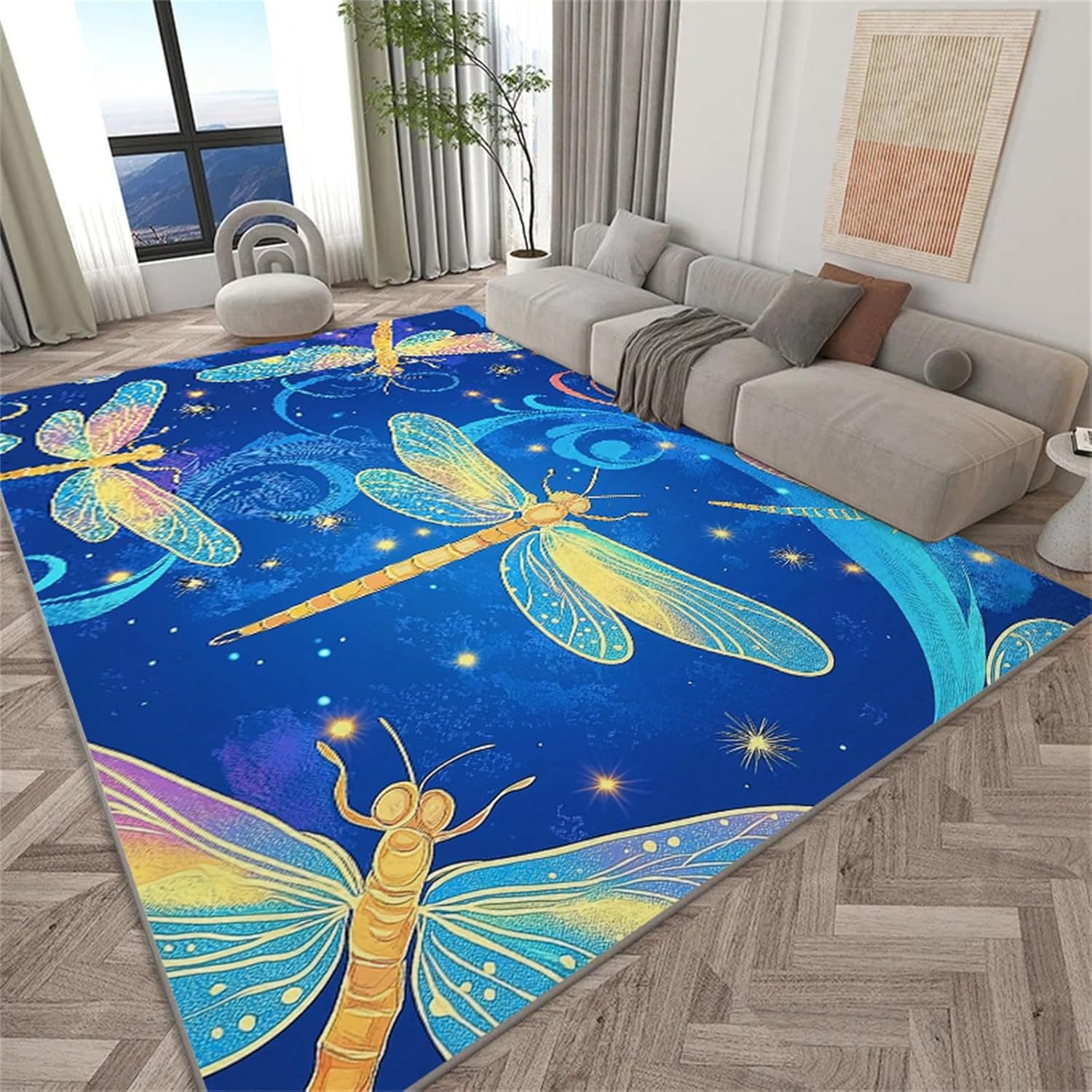Blue Starry Sky Kids Aldult Area Rugs, Colorful Glowing Dragonfly Rug, for Room Sofa Living Room Mat Office Bedroom Home Decor Floor Mats, 2ft x 3ft