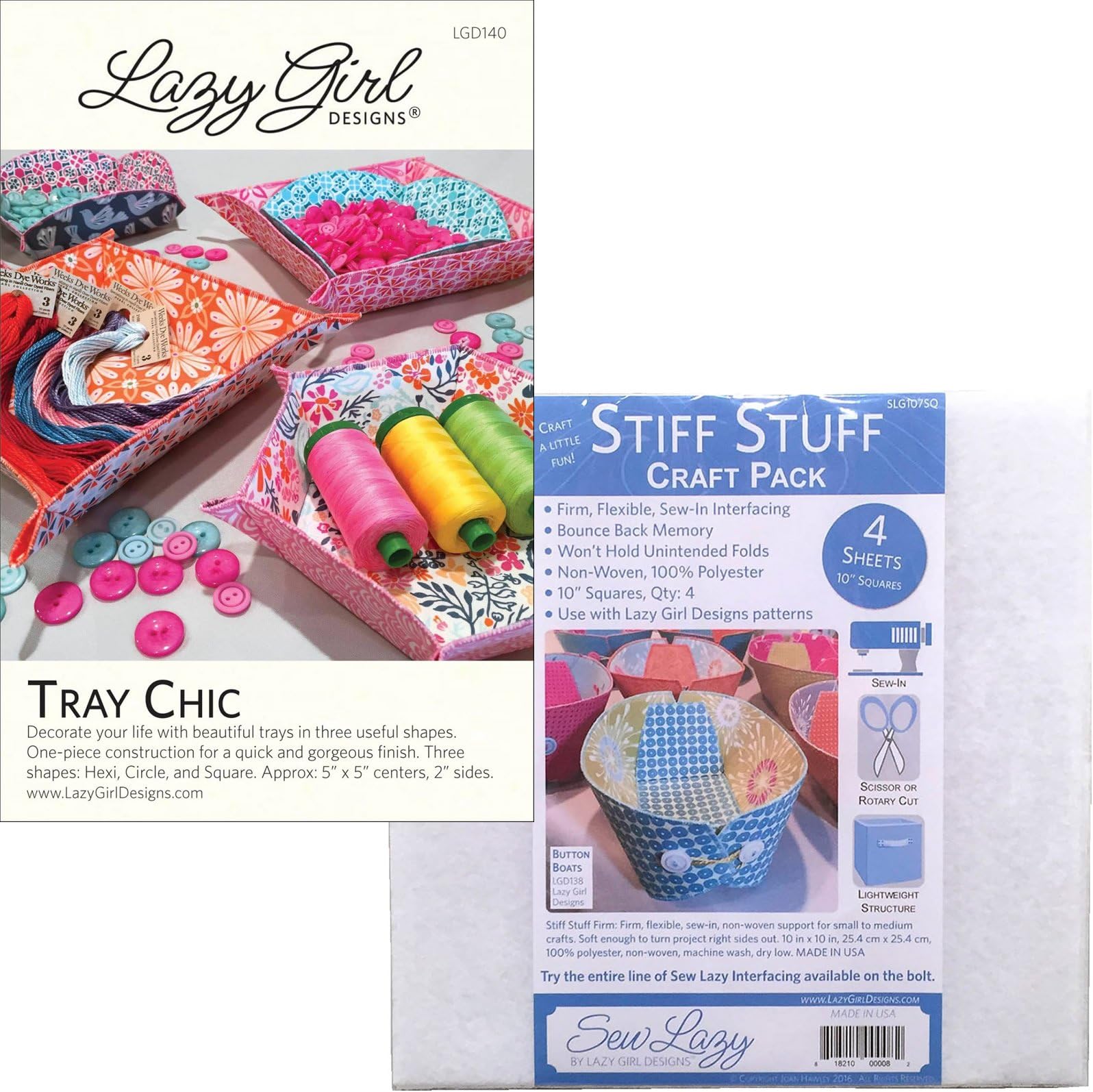 Bundle of Lazy Girl Designs Tray Chic Pattern and Sew Lazy Stiff Stuff Craft Pack of (4) 10in Squares