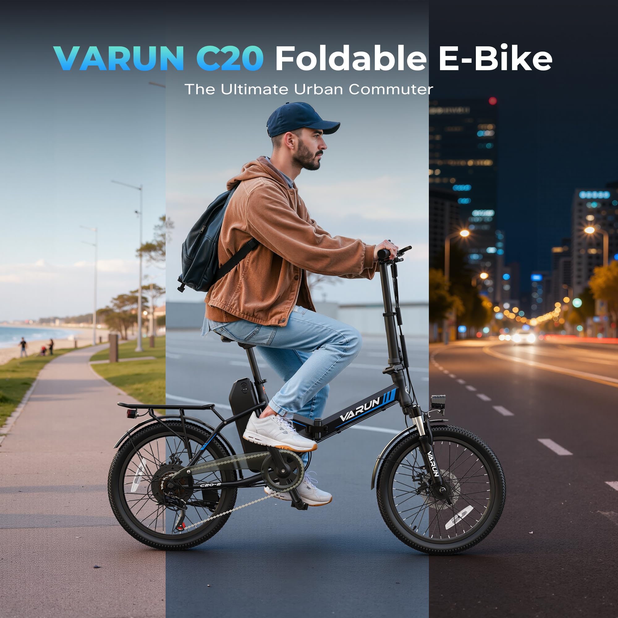 VARUN Electric Bike - Peak 750W Folding Ebike for Adults Up to 40 Miles 20MPH, 48V Removable Lithium-Battery, Stylish 20" Foldable Electric Bicycle Commuter for Women & Men