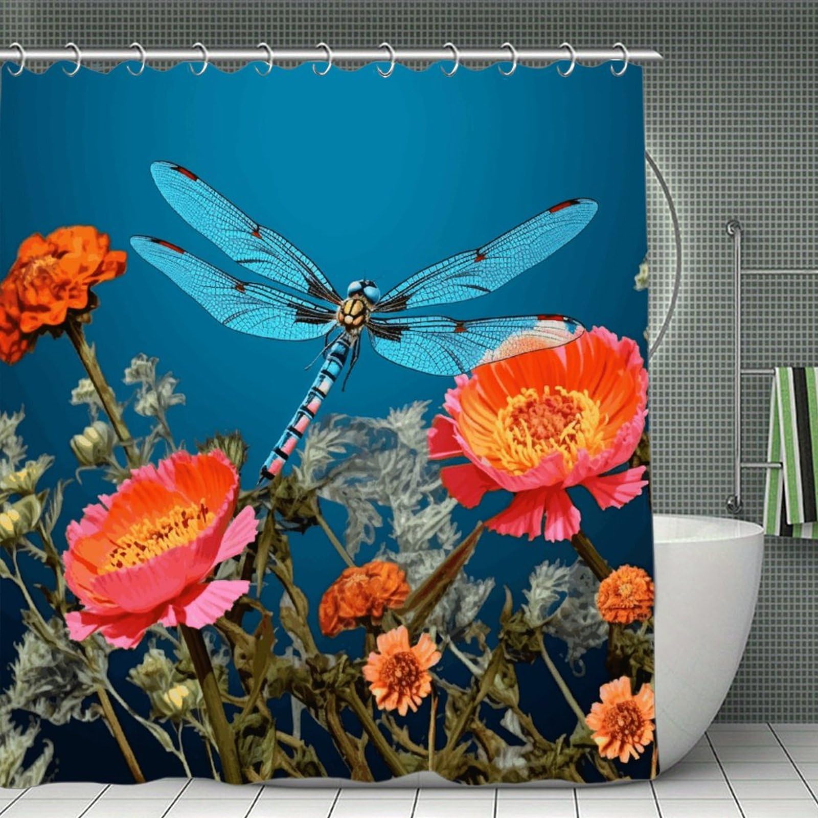 JTREHY Dragonfly and Flower Shower Curtain Waterproof Bathroom Shower Curtain Machine Washable Bath Curtains Polyester Cloth Bath Curtains for Bathroom Showers 70.8×70.8Inch