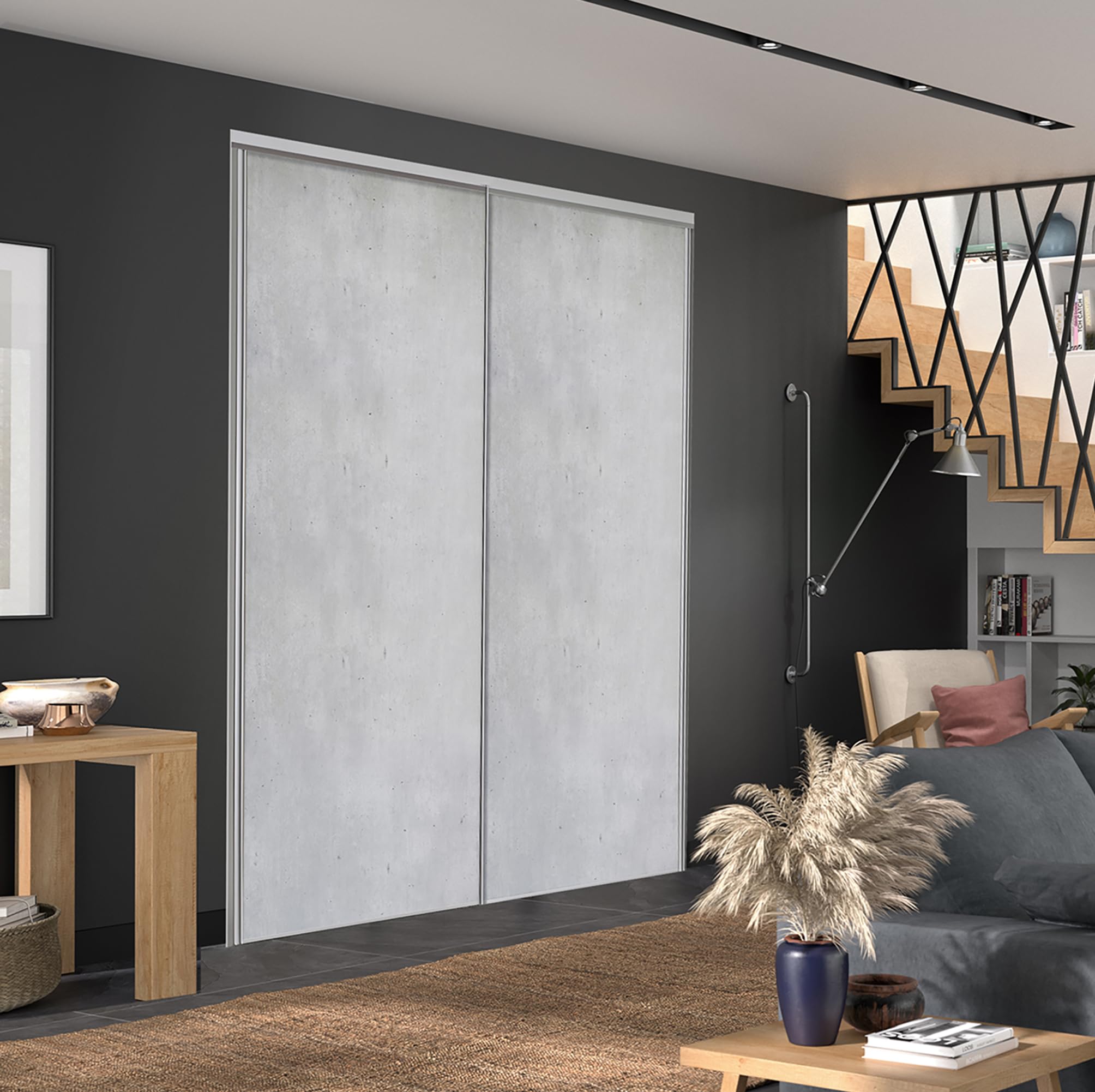 2 portes de placard coulissantes pour une hauteur de 250 cm et une largeur totale de 120 cm, décor béton clair, profils et rails gris inclus