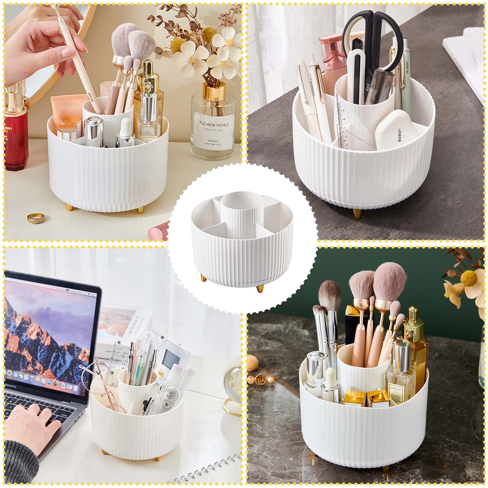 Miiepls Porta Trucchi Organizer,Organizzatore di Trucco Girevole a 360°,Organizzatore Organizer 5 Griglie, Trucchi Multifunzione per toeletta bagno camera da letto - Bianco