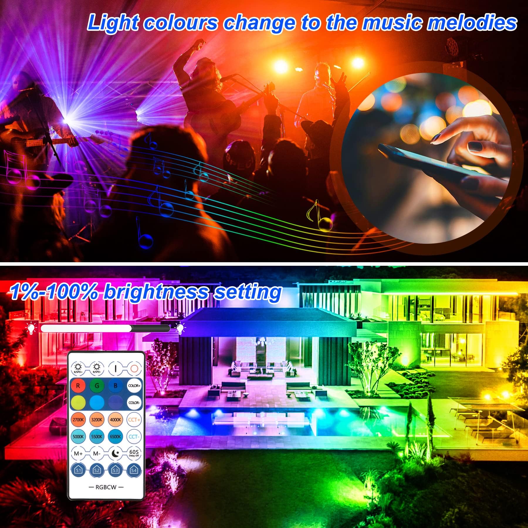 NATPOW RGB Strahler Outdoor 100W, Smart RGBCW LED Strahler Außen mit Bluetooth-App und Fernbedienung, Farbwechsel Scheinwerfer, IP66 Wasserdicht Flutlicht für Garten, Hof, Party und Fassade