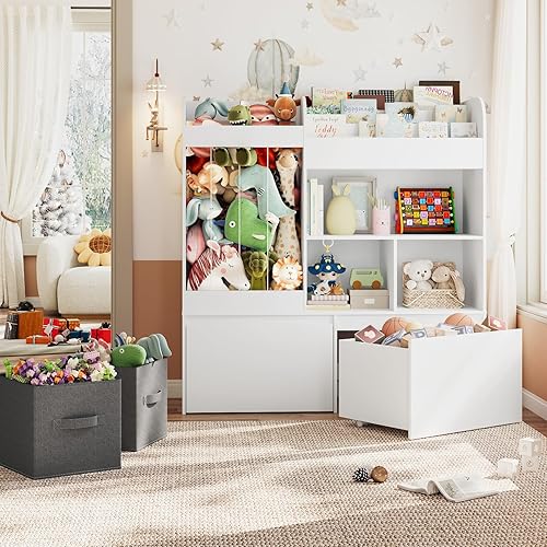 Miniatura 2 de Estantería infantil con soporte para animales de peluche, almacenamiento de juguetes con 2 contenedores organizadores y tapete de juego, organizador