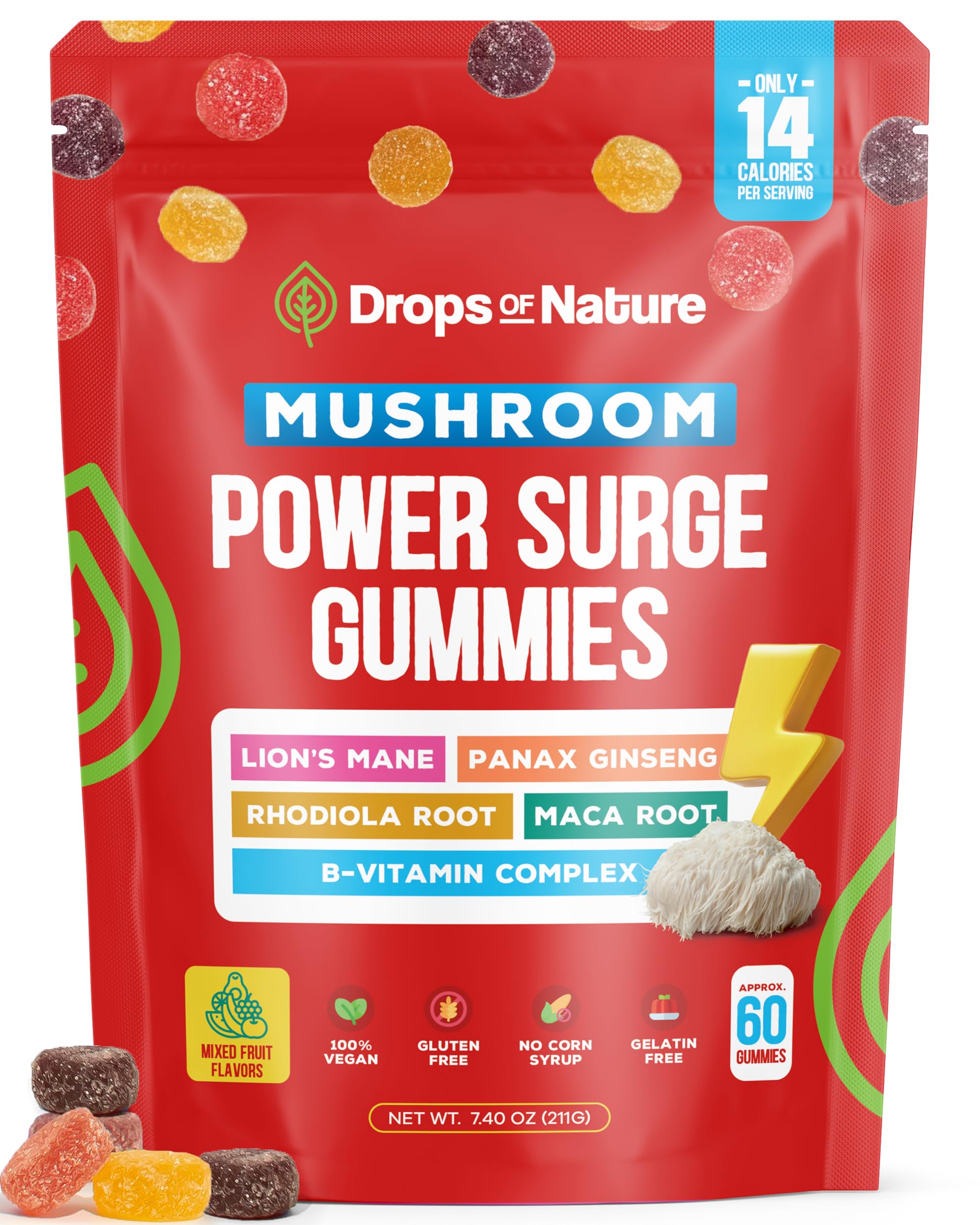 Mushroom Supplement Power Surge Gummies - Lions Mane, Maca Root, Panax Ginseng, Vitamin B12 & Rhodiola - Vegan, Vitamin B Complex - Mushroom Gummies for Energy and Wellness (Mixed Fruits, 60 Gummies)