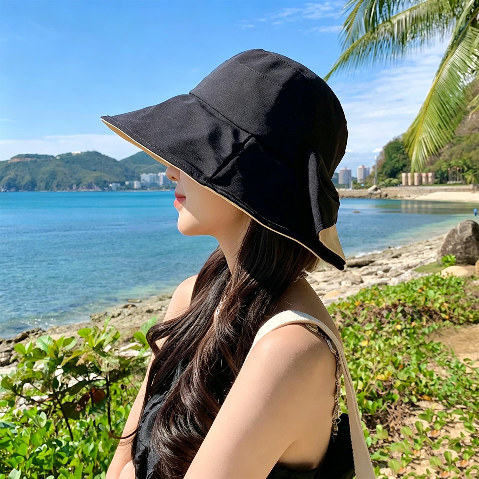 Sombrero De Sol De ala Ancha con Lazo para Mujer,Gorra Verano Elegante,Ligera Y Plegable ProteccióN UV CordóN Ajustable,Ideal La Playa,La Piscina,El JardíN Las Vacaciones(56-58cm,Beige)