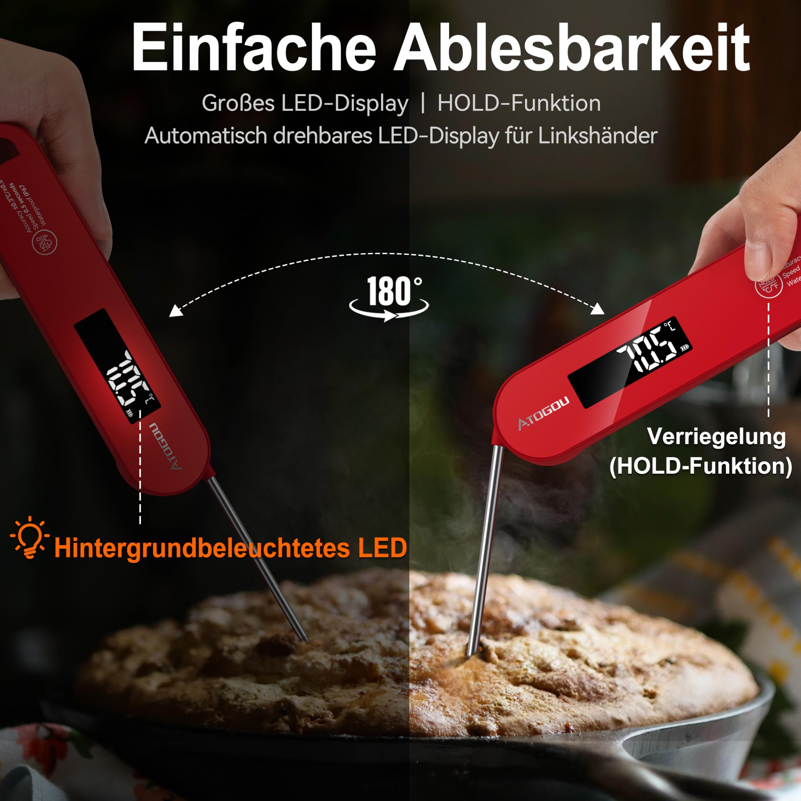 ATOGOU Thermomètre numérique ultra rapide IP67 étanche avec fonction Hold, écran rotatif à 180°, pour barbecue, liquide, rôti, bonbons, bœuf (rouge)