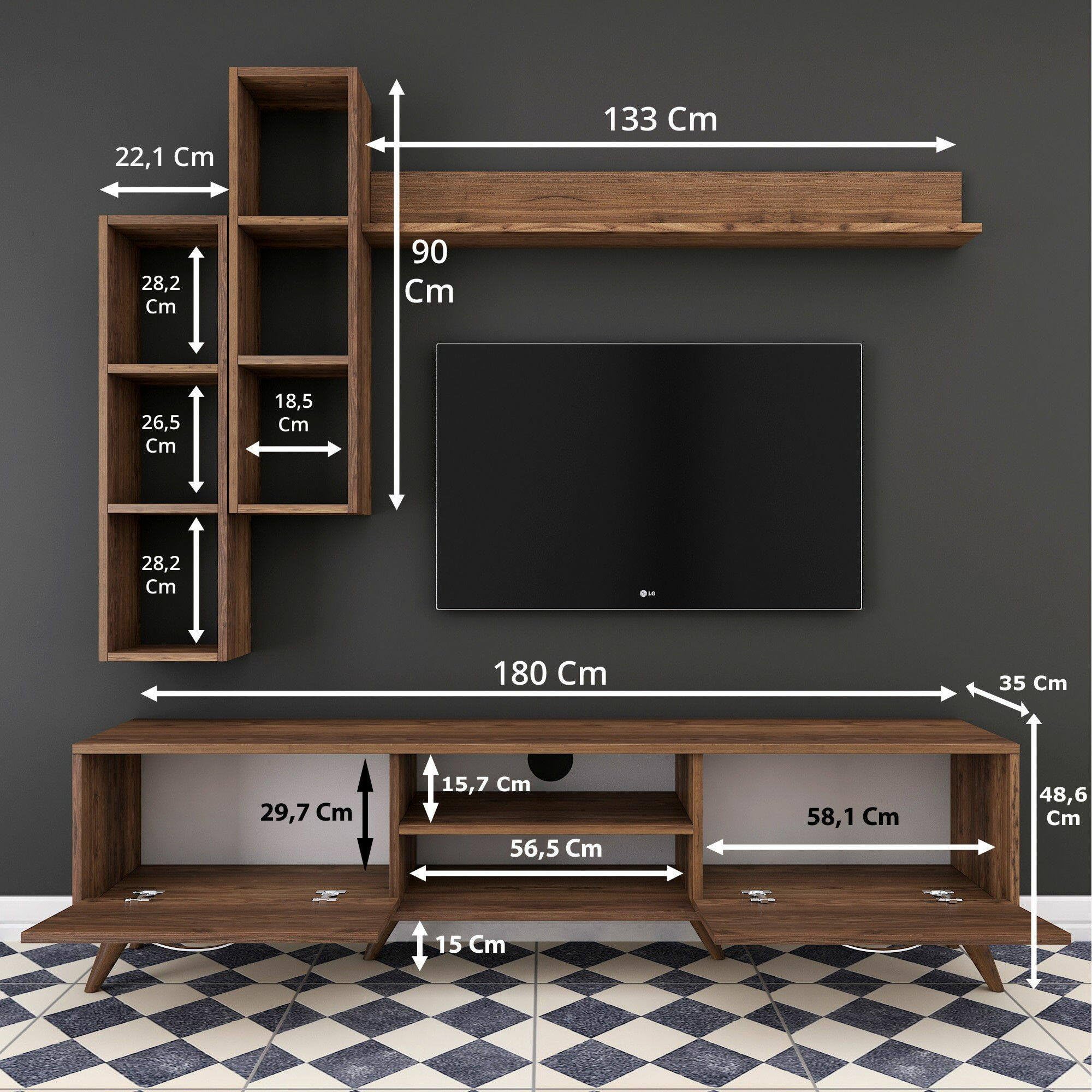 Dmora - Parete attrezzata Lokis, Composizione soggiorno, Mobile salotto multiuso, Armadio porta TV, 180x35 h49 cm, Noce