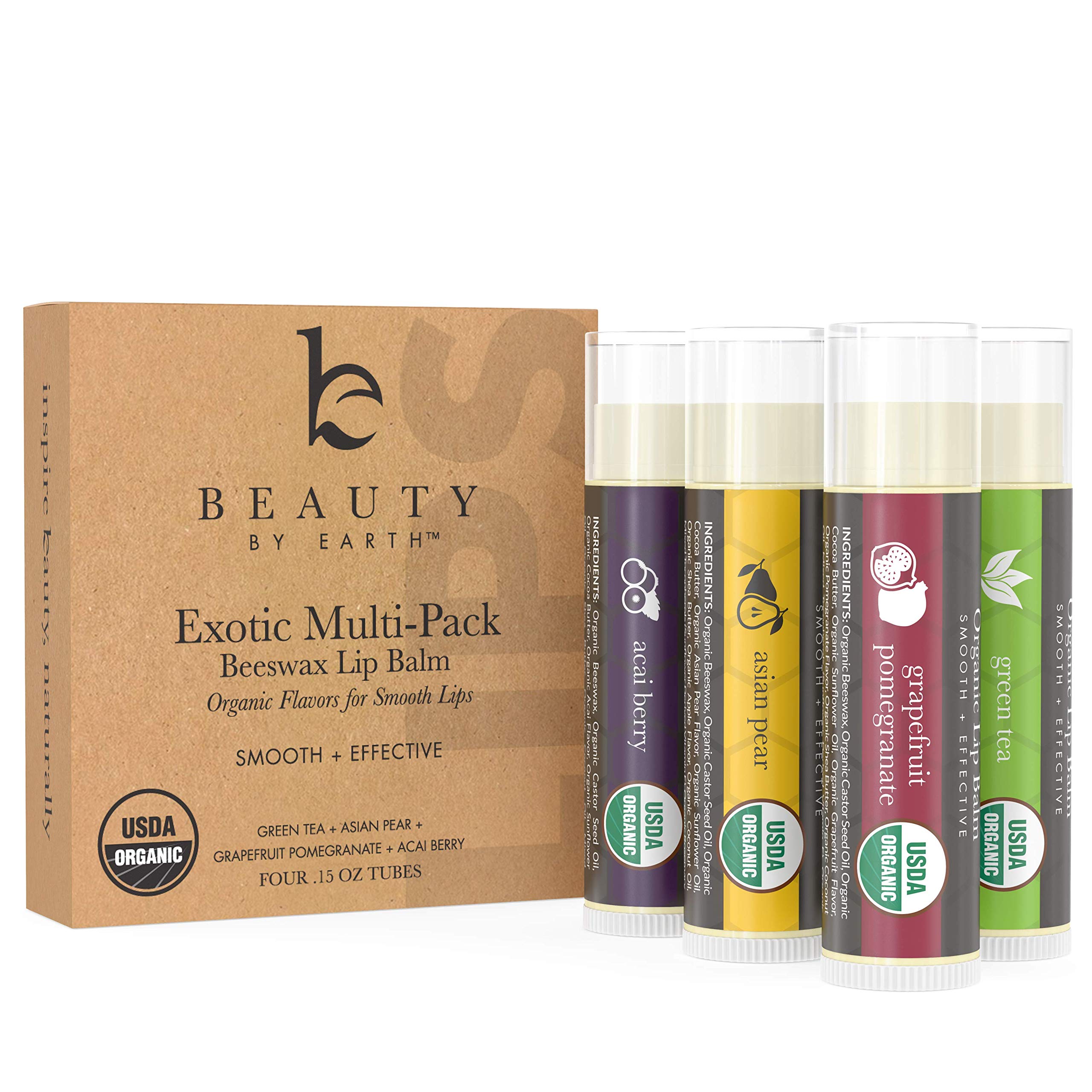 Organic Lip Balm Flavor Pack - 4 Tubes of Natural Lip Balm, Lip Moisturizer, Lip Treatment for Dry Lips, Lip Care Gifts for Women or Men, Lip Repair, Organic Chapstick for Soft Lips, Stocking Stuffers