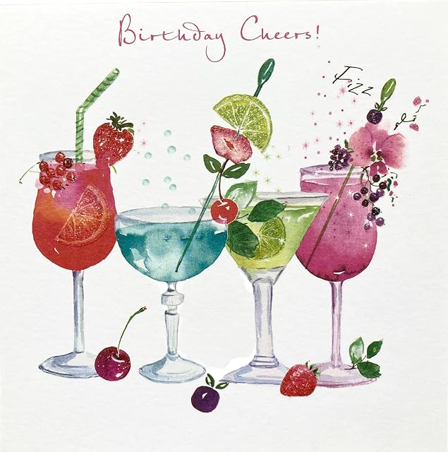Greeting Card (NQ0263) Female Birthday - Cocktails - Birthday Cheers - Flittered Finish