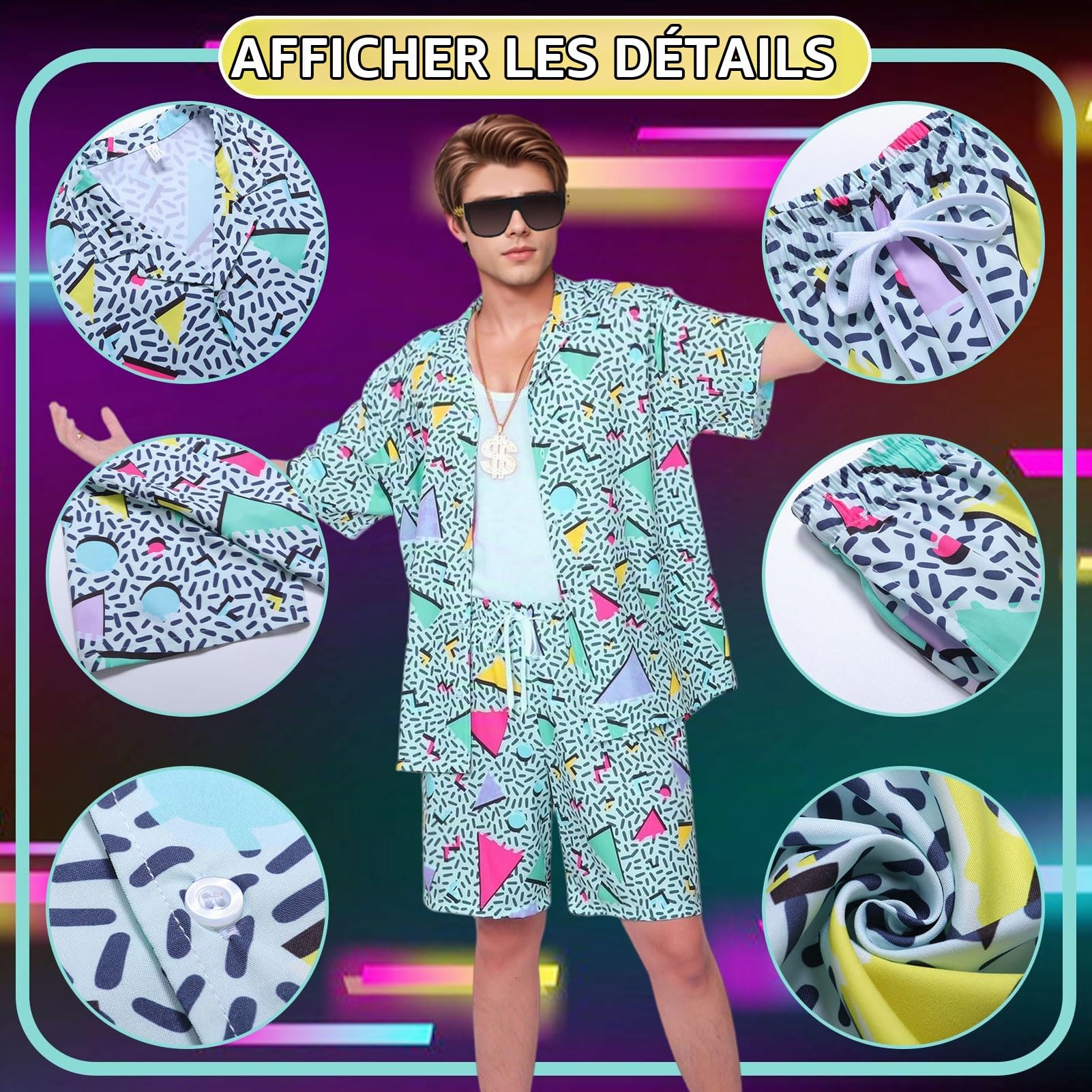 Déguisement Année 80 Homme Femme, Costume Annee 80 Rétro Manches Courtes et Shorts avec Le Chapeau Accessoires Disco, Costume Années 80 Survêtement Carnaval Disco Soirée