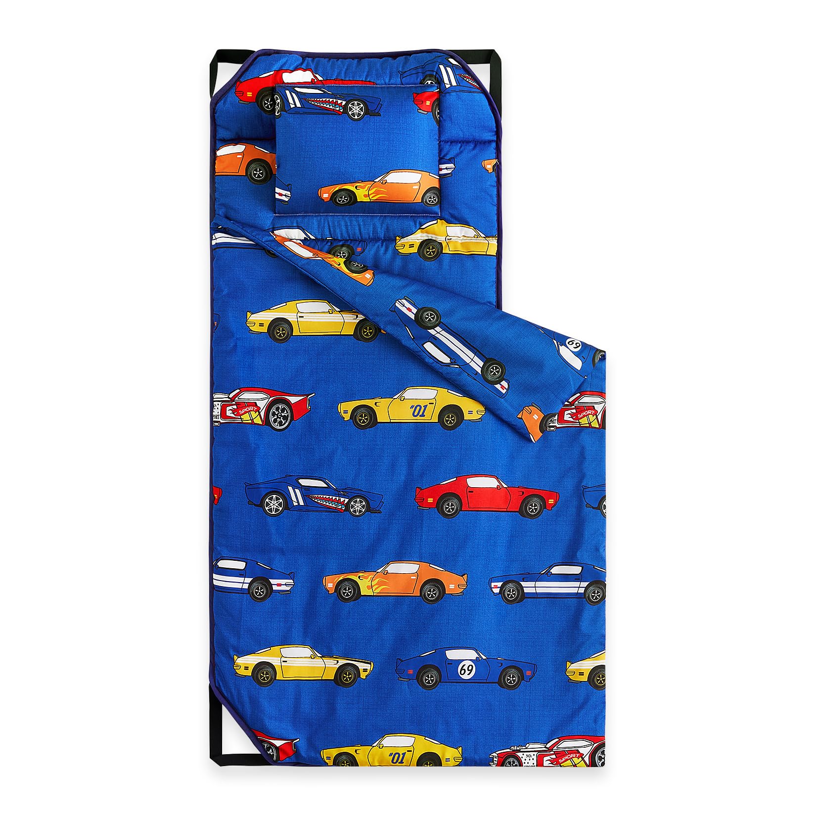 Wake In Cloud - Cot Nap Mat with Pillow and Blanket, for Toddler Kids Boys Girls in Daycare Kindergarten Preschool Pre K with Elastic Corner Straps, Cars Vehicles Trains Airplanes, Blue