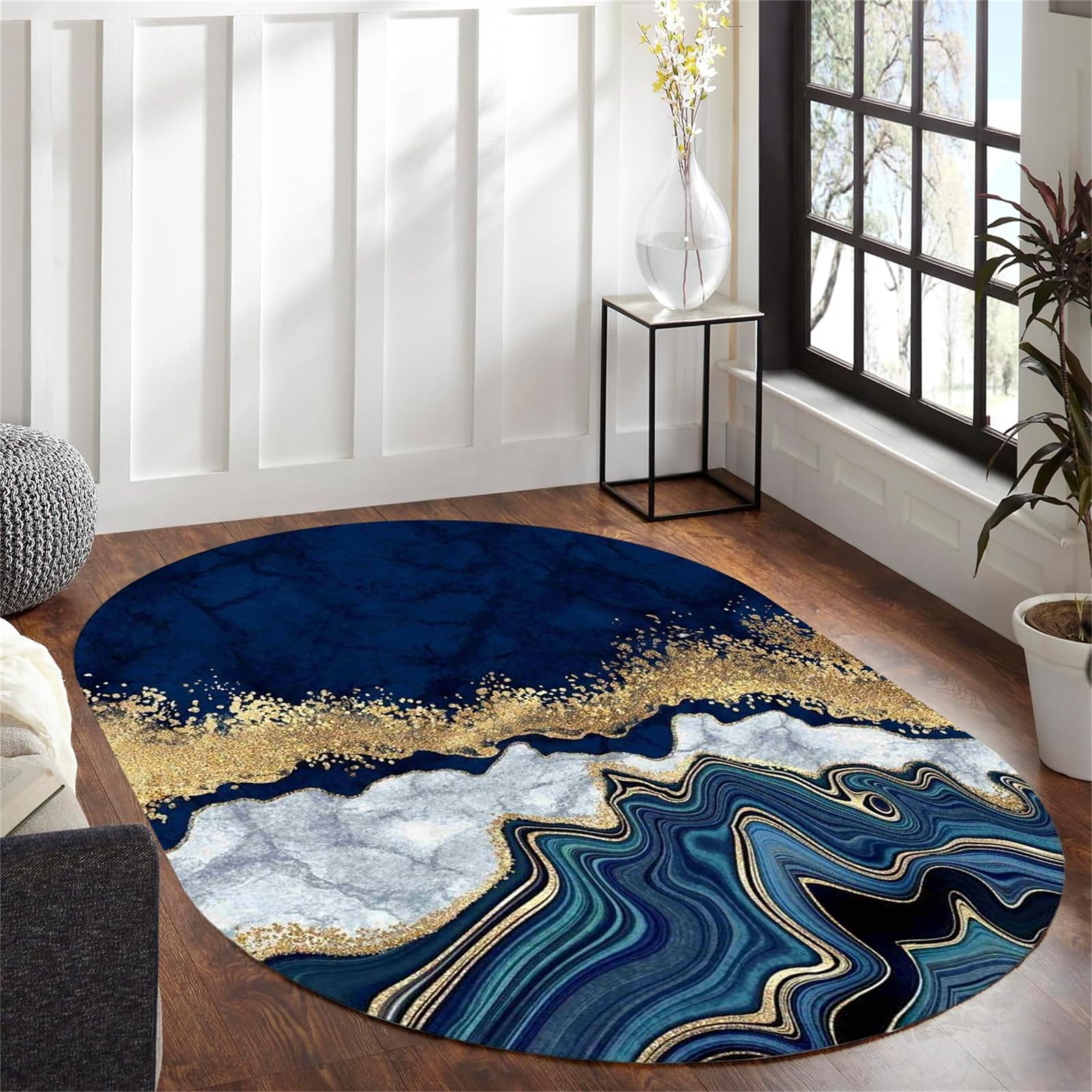 Arzunsy Navy Blue Marble Print Oval Rug 60x90cm, Luxury Blue Gold Texture Area Rugs,Non-Slip Rubber Backed Indoor Carpet, Thin Easy-Clean & Foldable Mats for Living Room Dining Room Bedroom