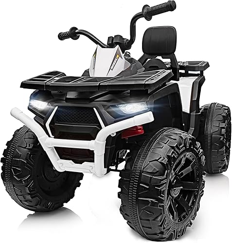 Hikiddo ATV de 4 ruedas para niños, auto de juguetes de paseo de 24 V para niños grandes con motor de 400 W, 2 plazas (blanco)