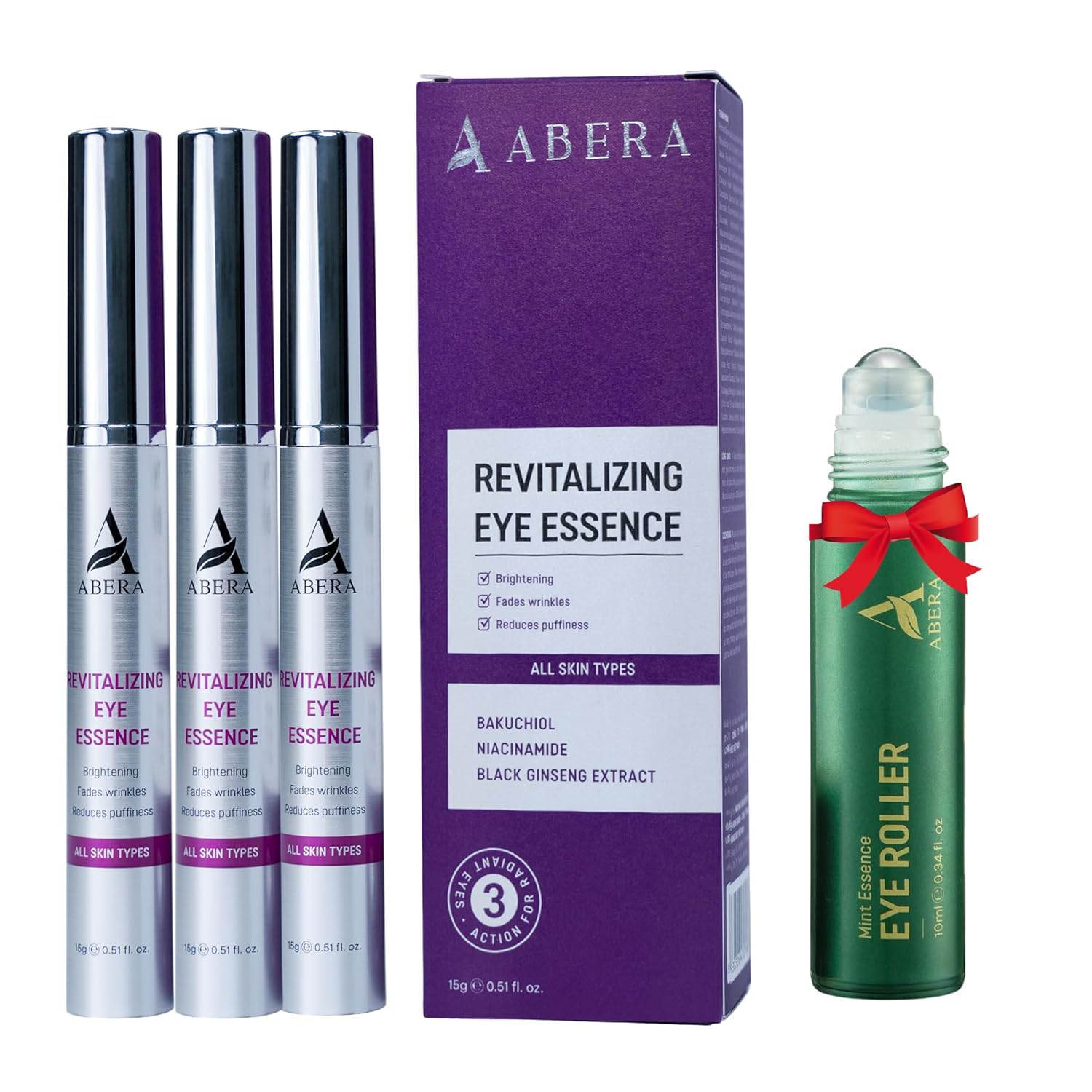 Abera Eye Revitalizing Essence, Anti-Aging Treatment with Bakuchiol and Black Ginseng, Dark Circles and Fine Lines – 0.51 fl oz, 2 box + gift