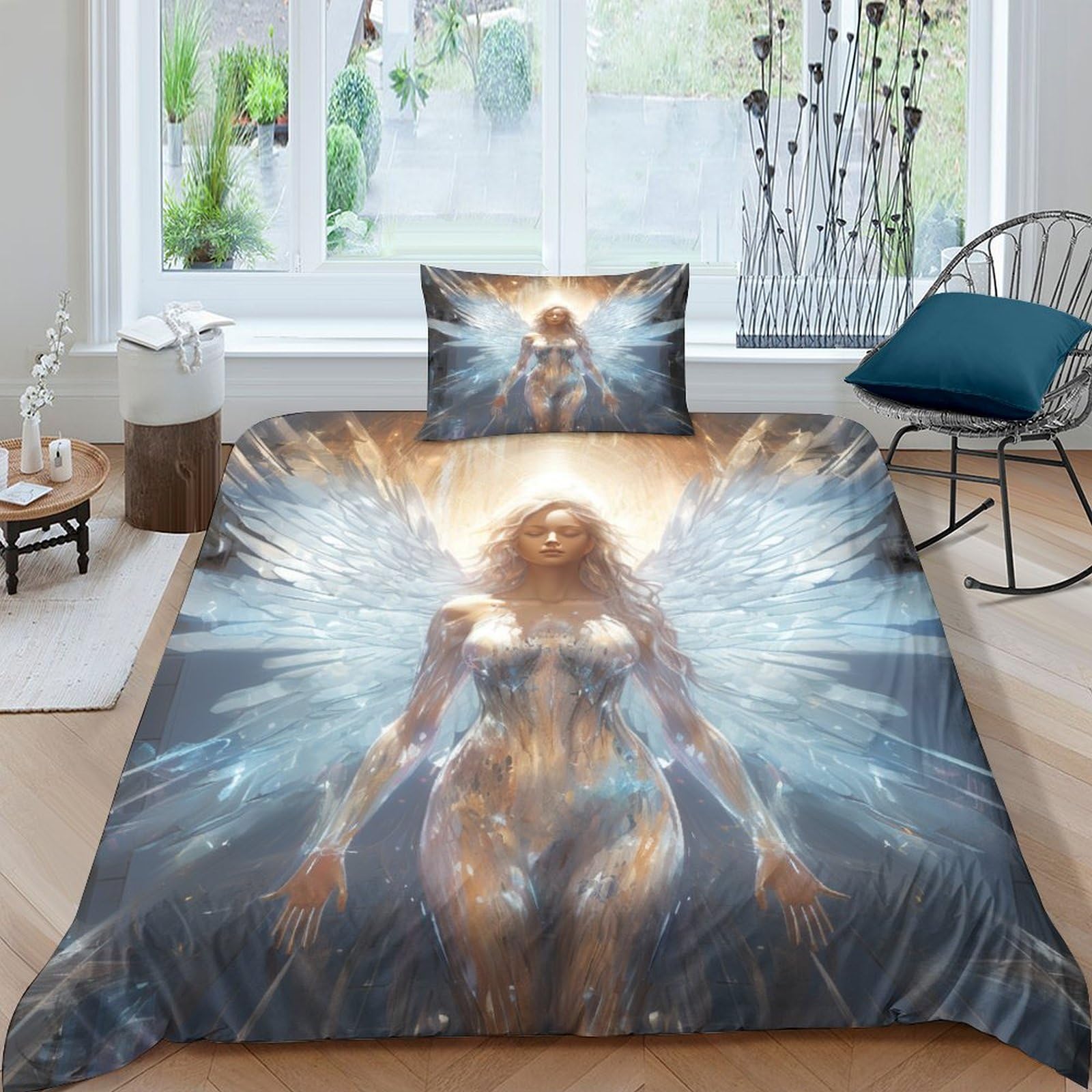 AAHARYA Angel 3D Halo Printed Duvet Cover with Pillowcases Bedding Set with Zipper Closure Hypoallergenic Soft Microfiber Quilt Cover Set Single（135x200cm）