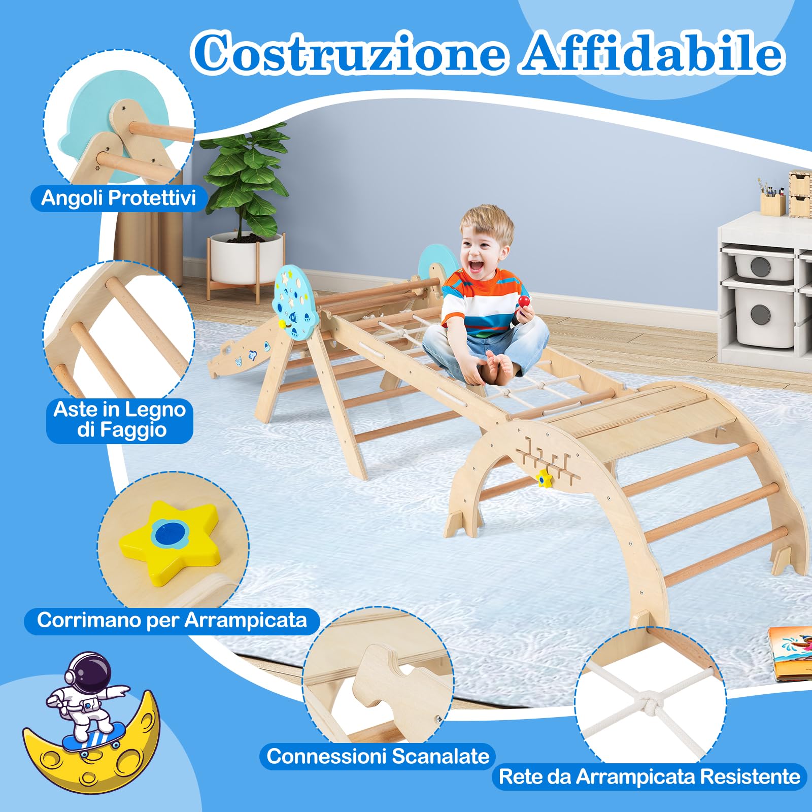 COSTWAY Set da Arrampicata in Legno per Bambini, Giocattoli Montessori 8 in 1 con Triangolo Arco Rampa e Corda, Naturale