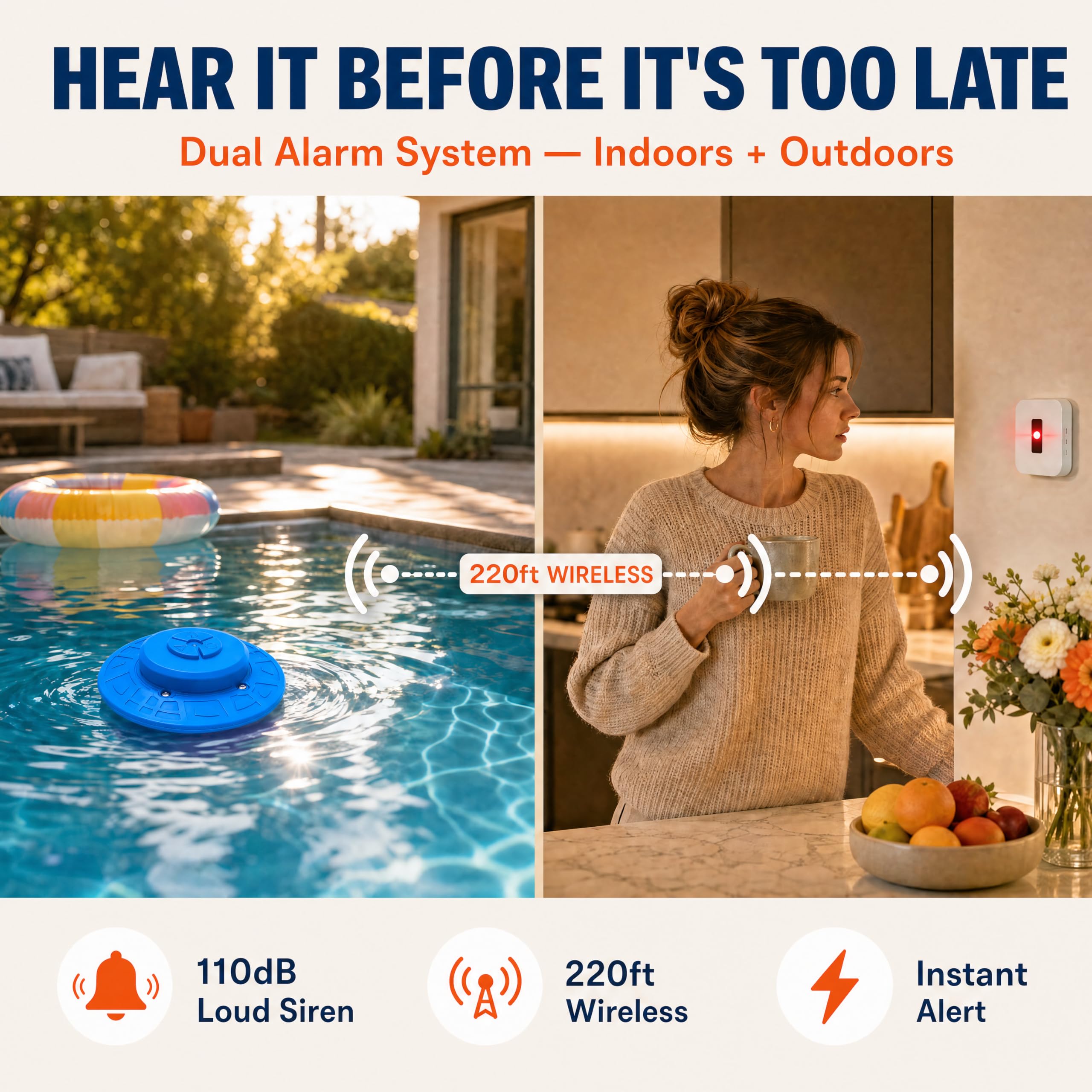 Alarma de piscina para piscinas enterradas y sobre el suelo con receptor interior remoto, alarma de seguridad flotante, sensibilidad ajustable, apagado y encendido automático, protección para niños y