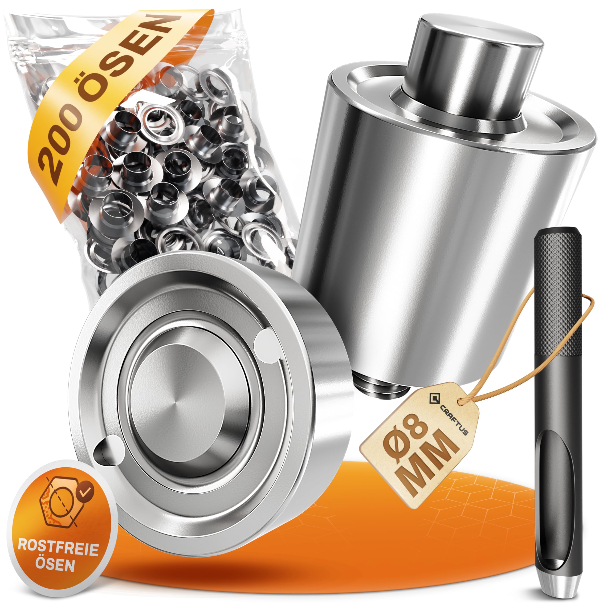 CRAFTUS® Stanzkopf Set (Ø 8mm) für die Alpha Ösenzange – Inkl. 200 rostfreie Edelstahl Ösen & Locheisen – Einfacher Wechsel Dank Schraubgewinde – Ideal für Planen, Banner, Vorhänge UVM.