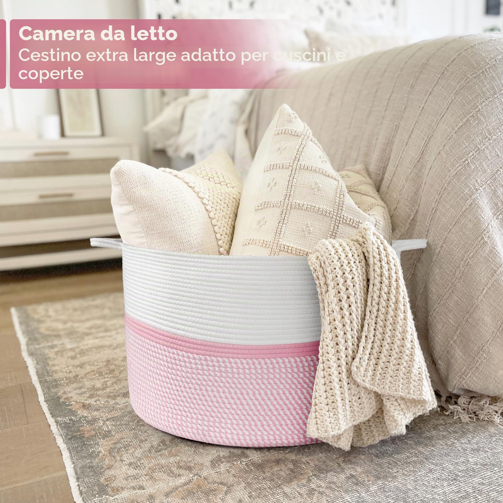 Cesto portaoggetti XXL extra large in corda di cotone intrecciato, con manici, cestino decorativo rosa per vestiti, 55,9 x 55,9 x 35,6 cm