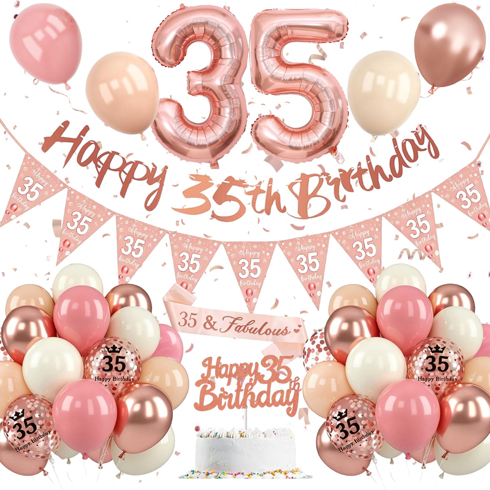 35th Birthday Decoration for Women,35th Birthday Decoration with Retro Pink Rose Gold Balloons,Happy 35st Banner, Cake Topper, Number 35 Foil Balloons for Women Party Decoration — image 1