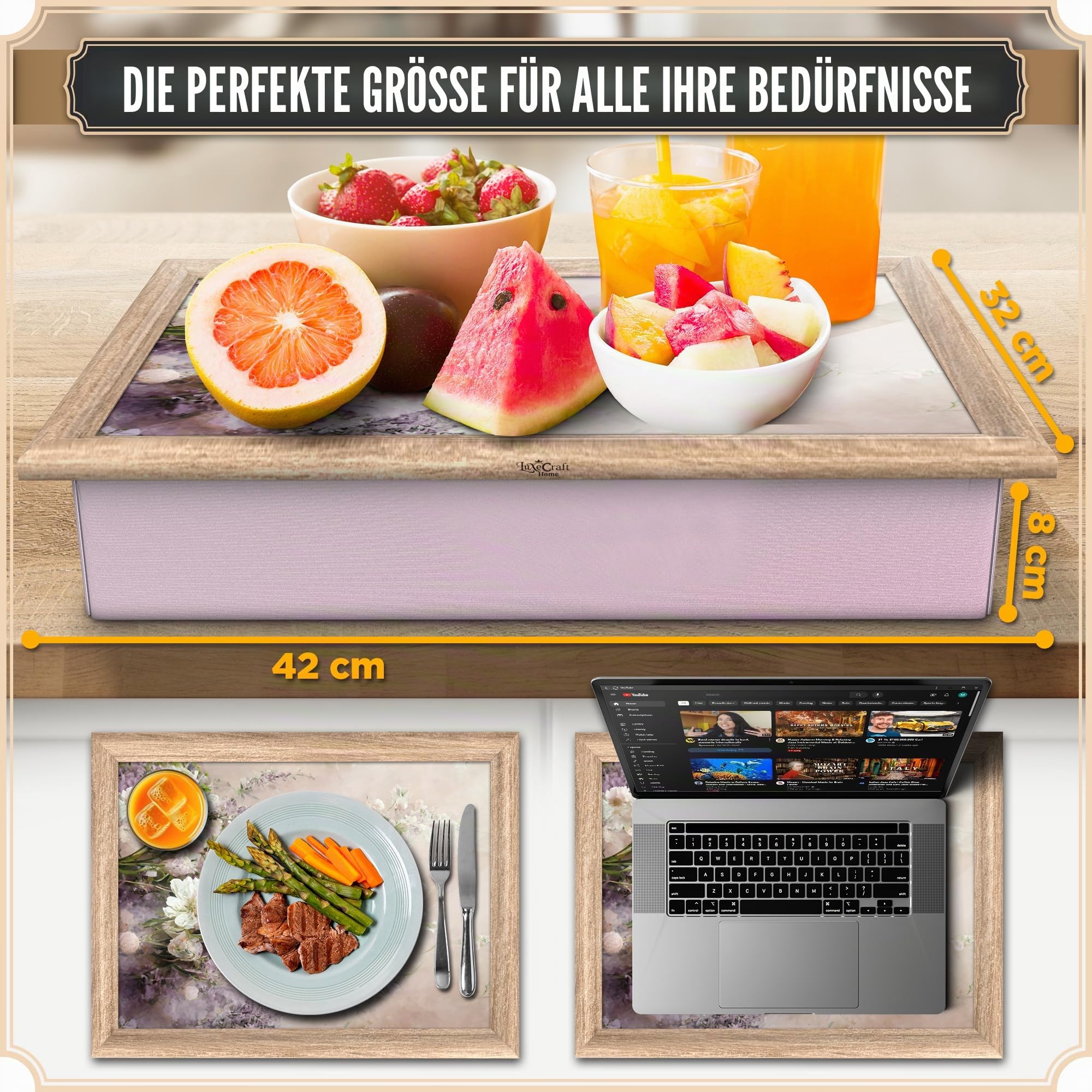Empire Knietablett mit Sitzsackkissen - Holz Weich Gepolstertes Knietablett mit Kissen zum Essen, Trinken & Laptop - Ideal für Frühstück, Abendessen, Snacks & Arbeit - Komfortabel, tragbar mit